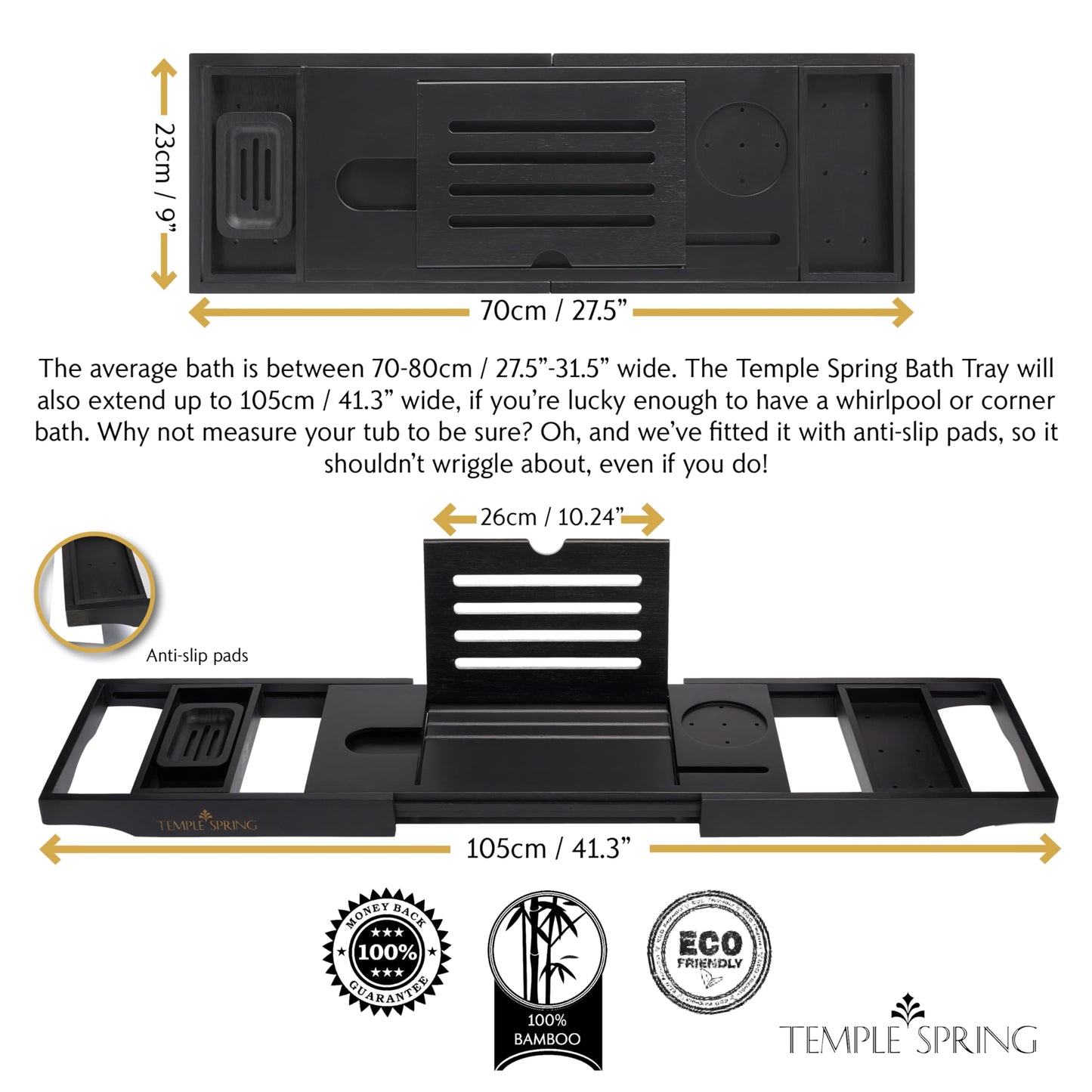 Temple Spring Wooden Bathtub Tray, Bamboo Bathroom Accessories, Bath Tray for Tub, at Home Spa Essentials, Board for Tub Table, Bath Caddy for Bathtub Accessories & Bathroom Essentials – Black