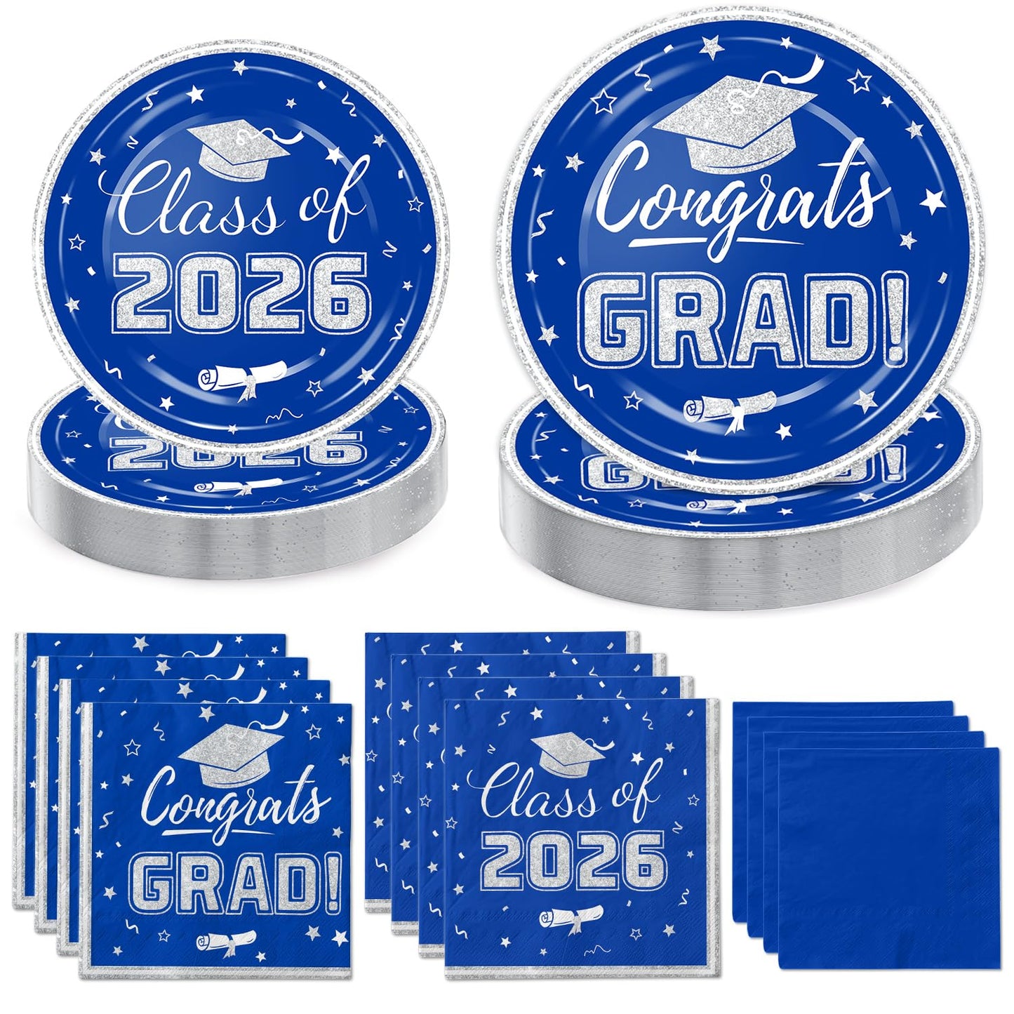 Blue and Silver Graduation Party Plates and Napkins 2026 - Congrats Grad Disposable Paper Plates Cocktail Napkins Luncheon Napkins for Graduation Party Decorations, Serve 50