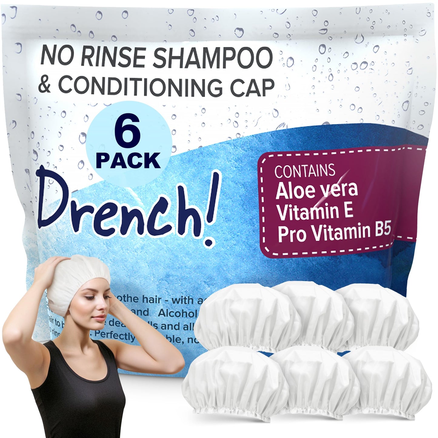 Drench No Water Rinse Free Shampoo Caps - Waterless Shampoo and Conditioner - Dry Hair Wash Caps for Elderly or Bedridden - Contains Aloe Vera, Vitamin E and Provitamin B5-6 Counts