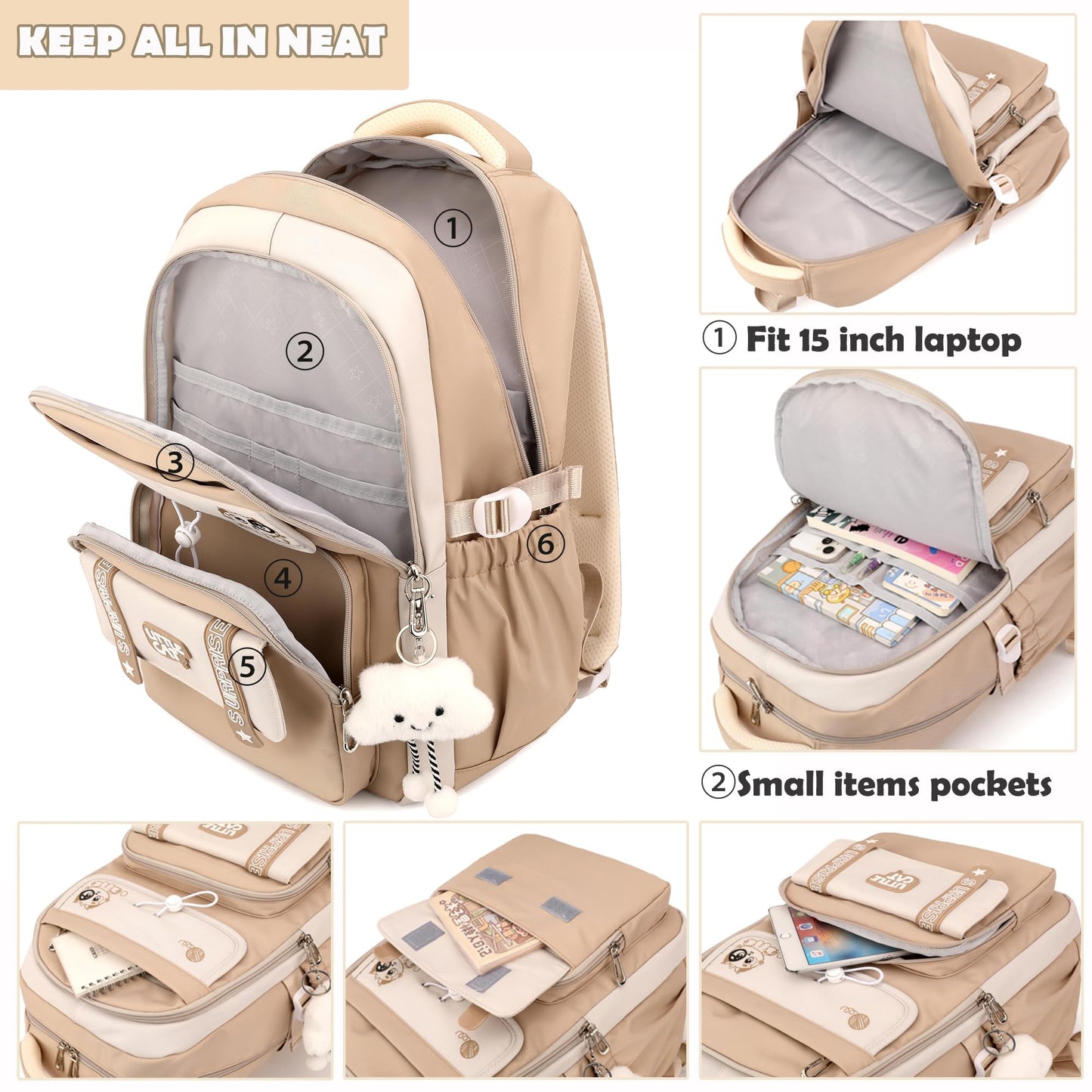 Makukke School Bags for Girls Boys,15.6" Cute Backpack for Kids and Teenagers Daypack Waterproof with Cute Pendant