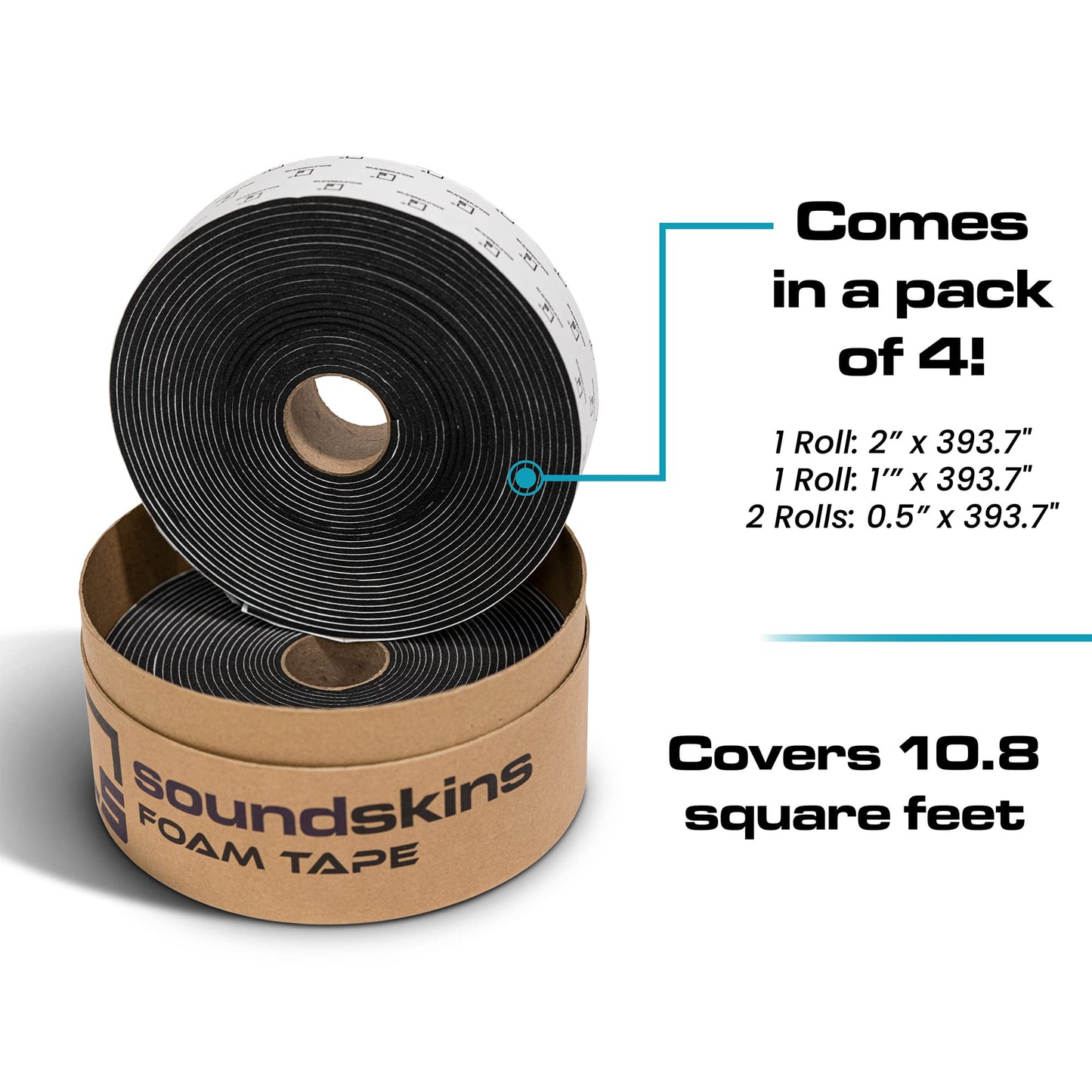 SoundSkins SSK-Tape Closed Cell Acoustic Foam Tape - 10.8sqft. from 4 Rolls (2", 1" 0.5" Wide) - Rattel Reduction and Optimum Durability