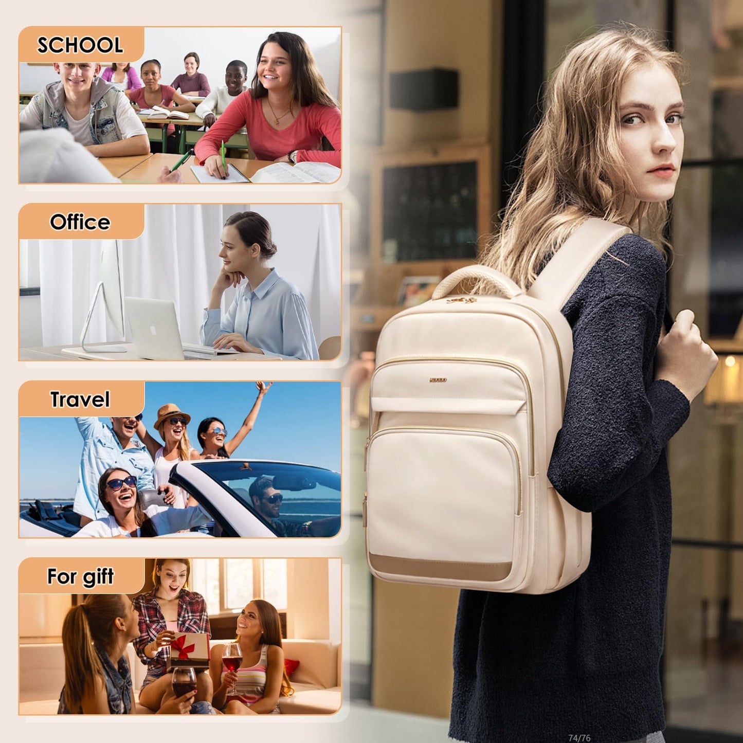 MDODO Laptop Backpack for Women,Travel Backpack with Laptop Compartment,Casual Daypack College Bookbag Computer Backpack for Work with Small Organizer Bag, Beige