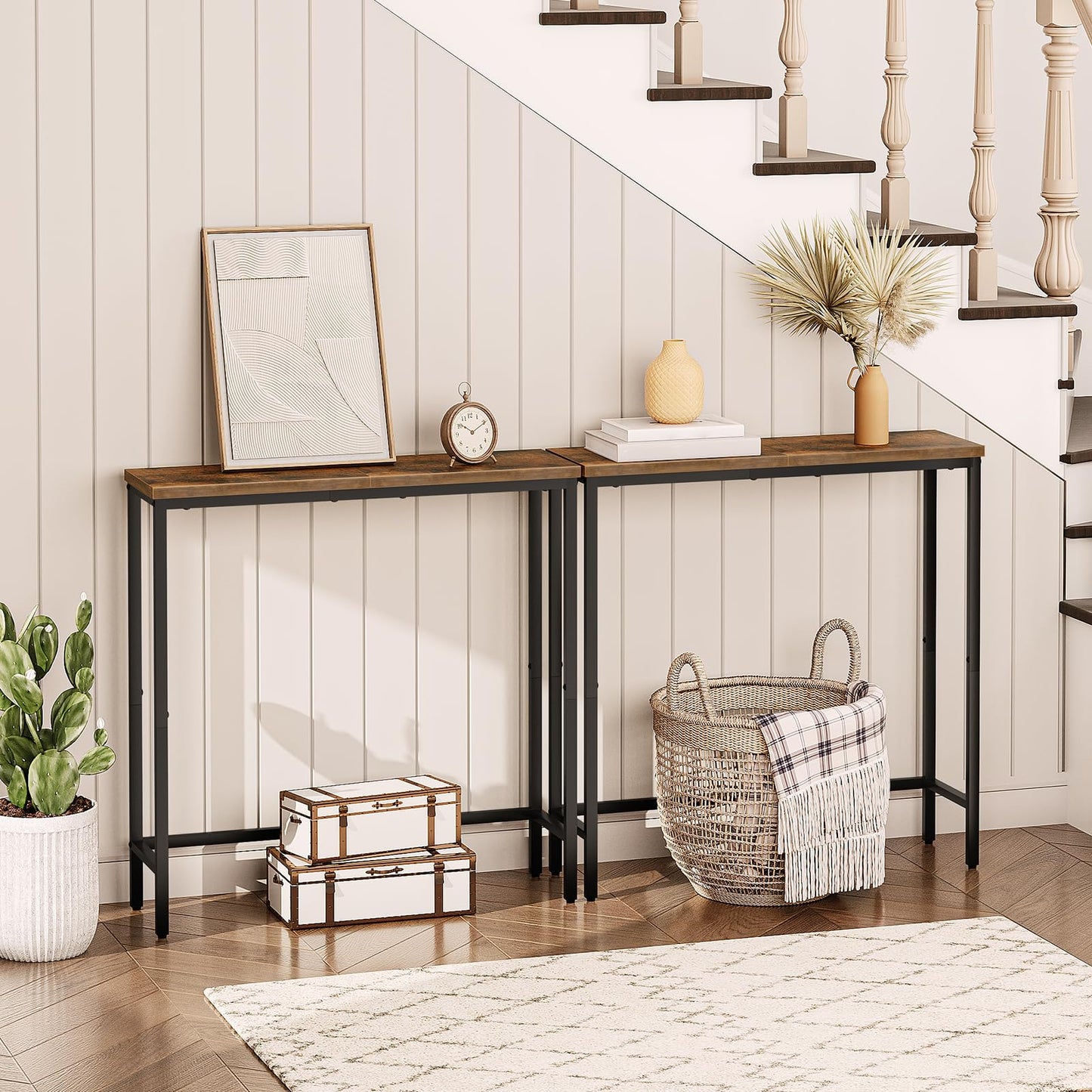 HOOBRO Narrow Console Table, 75 cm Entryway Table, Small Sofa Side Table, Display Table, for Hallway, Bedroom, Living Room, Foyer, Rustic Brown and Black BF75XG01