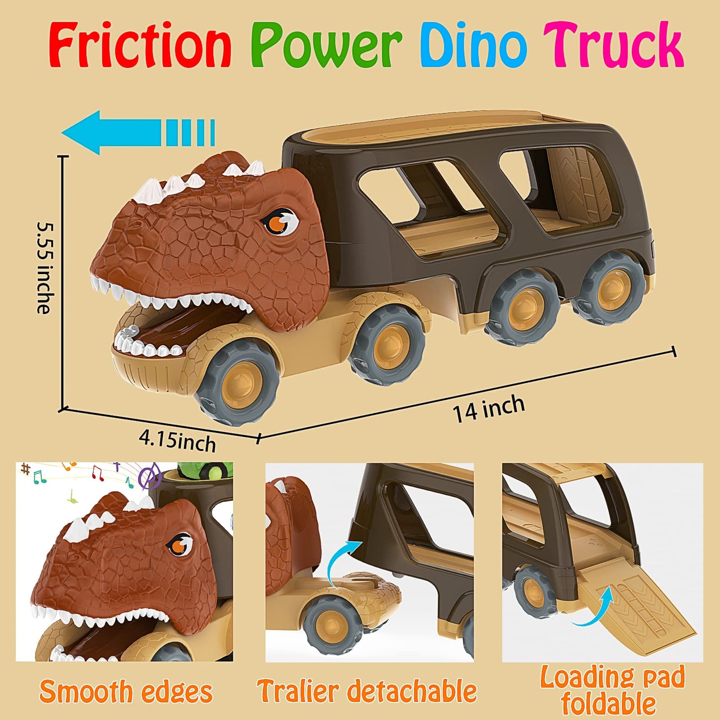 Dinosaur Truck Toy Car for Kids, Friction Power Carrier Vehicle with 4 Pack Small Pull Back Dino Car, Christmas Birthday Gift for 18M+ 2 3 4 5 Years Old Boys Toddlers