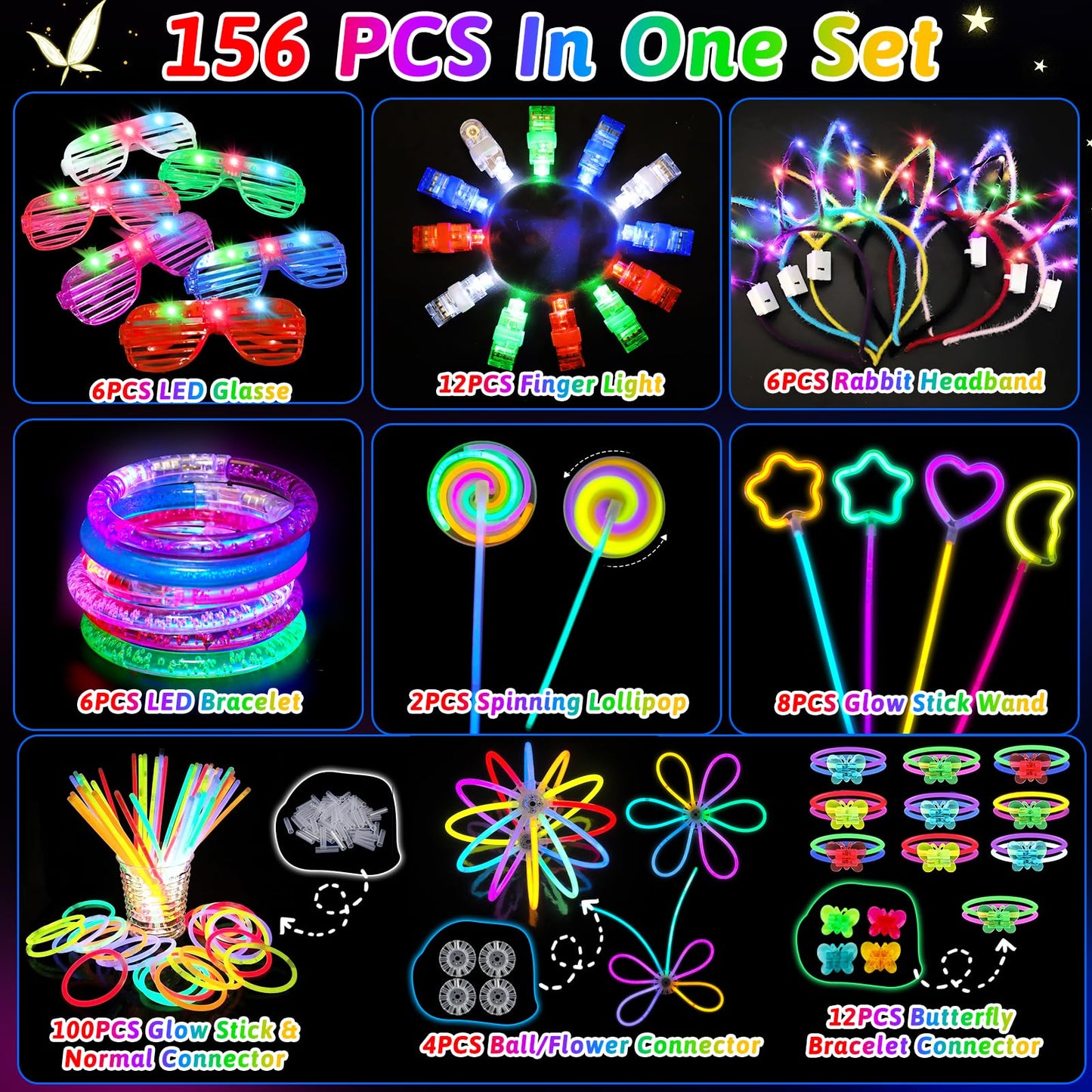 156PCS Glow in The Dark Neon Party Supplies for Kids/Adults, Birthday Party Favor for Kids, Light Up Neon Party Toys with 100 Glow Sticks Bulk Party Pack Glasses Headband Bracelet Necklaces