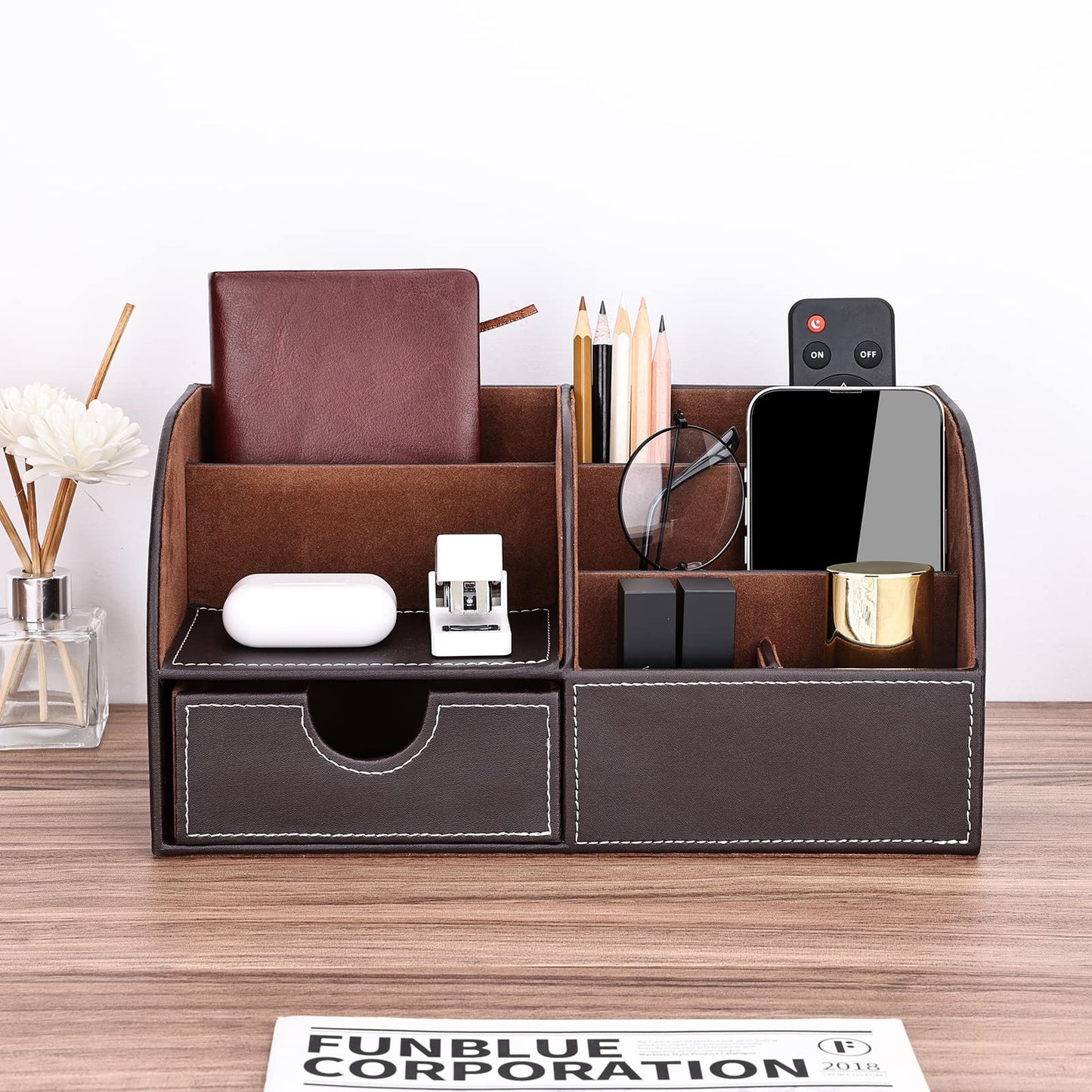 KINGFOM Pu Leather Desk Organizer Pen Pencil Holder Office Supplies Caddy Storage Box 6 Compartments with Drawer Brown (Half Pu)