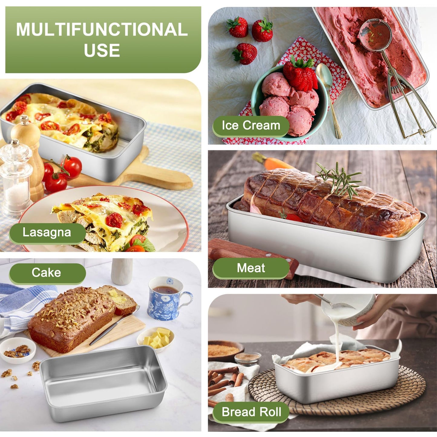 P&P CHEF Loaf Pan Set, 9-inch Bread Pans, Stainless Steel Loaf Toast Baking Pans for Bread Meatloaf Lasagna Cake, Healthy & Non Toxic, Oven & Dishwasher Safe, (Silver, 4Pcs)