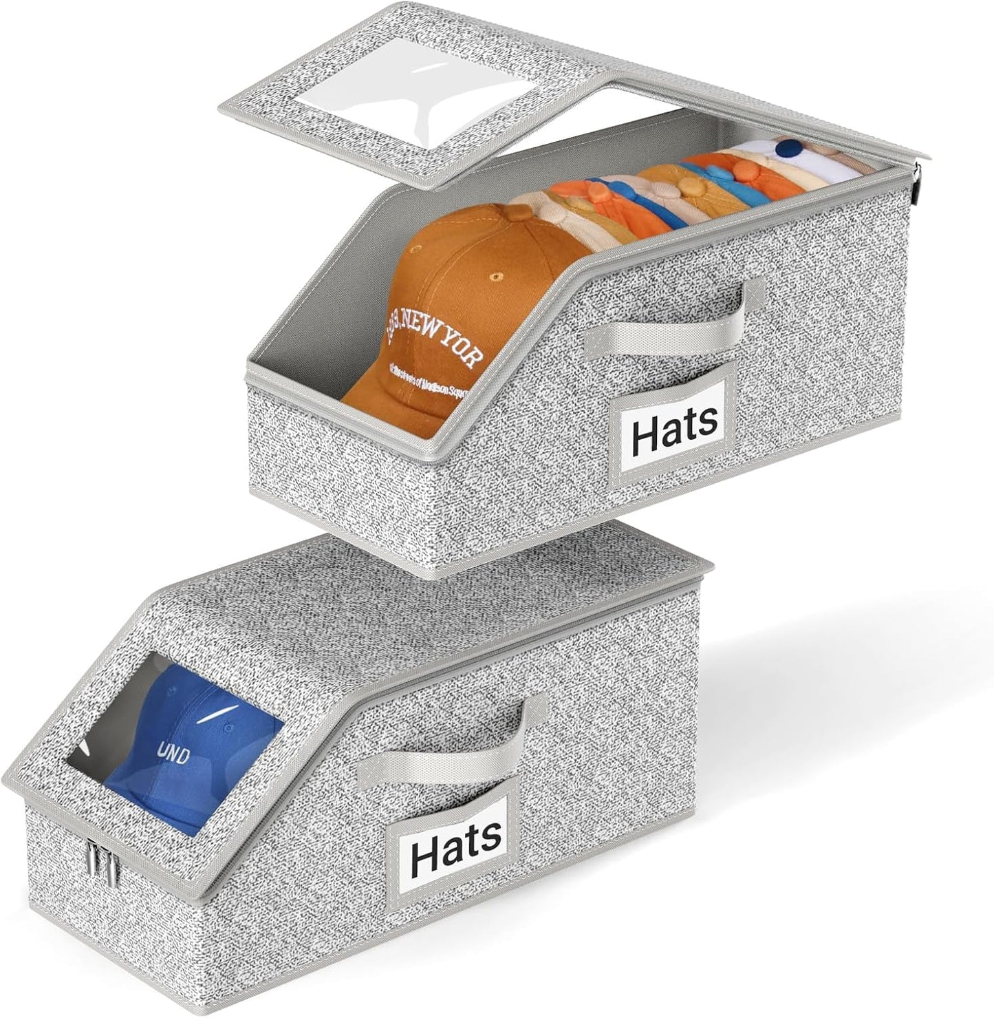 2 PCS Stackable Hat Storage for Baseball Caps, Holds up to 24 Caps Hat Organizer for Closet, Sturdy Snapback Boxes for Men with Cardboard, Grey (2)