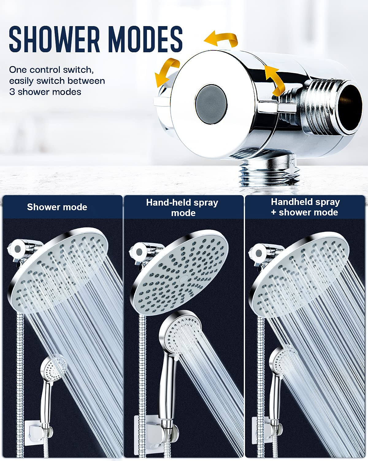 High Pressure 8" Rainfall Shower Head and Handheld Shower Heads Combo, with 60" Hose, Punch-Free, Dual Powerful Shower Spray Detachable with Holder, Chrome, Regulator fit for High, Low Water Flow