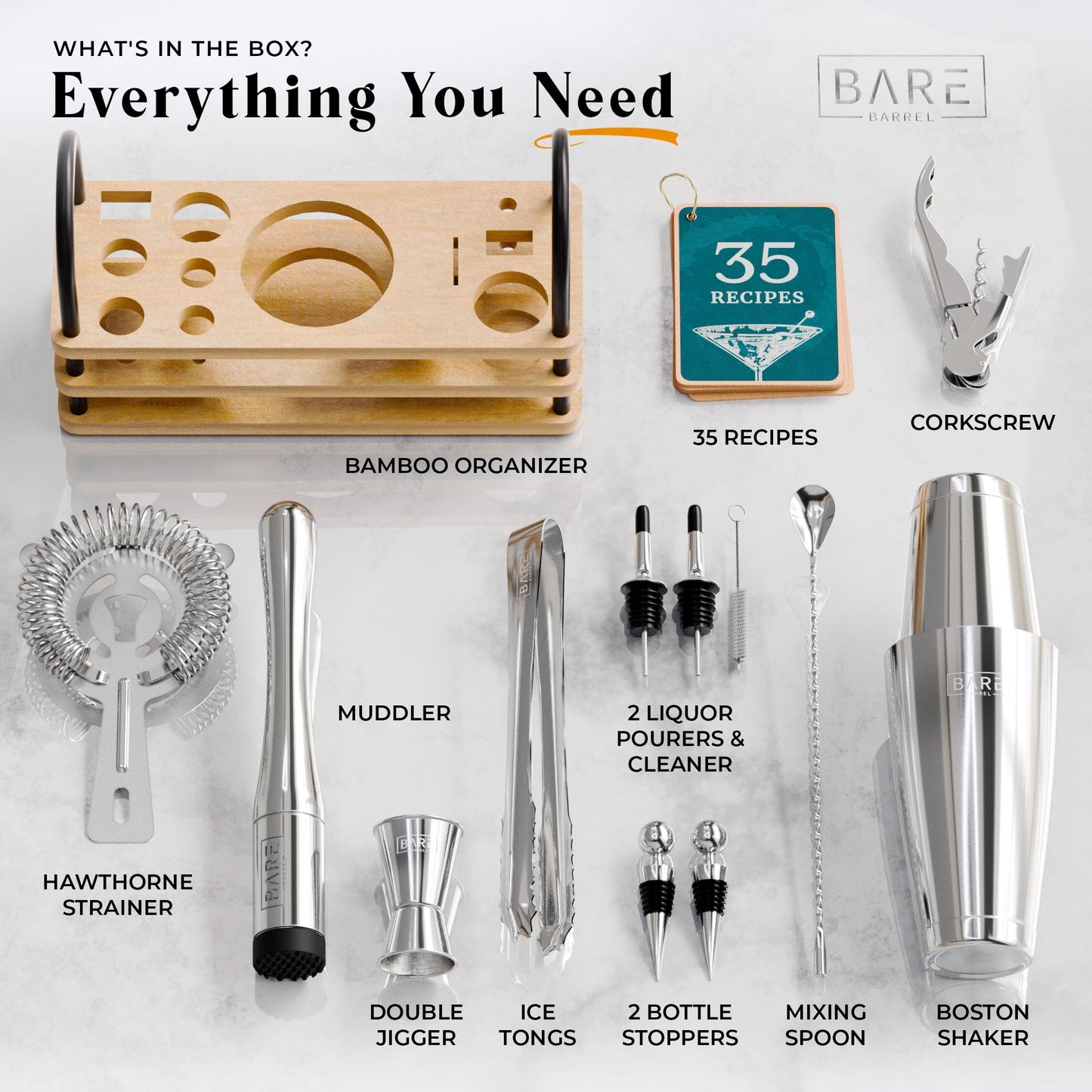 Pro Cocktail Kit | Mixology Bartender Kit | 14-Piece Cocktail Shaker Set | Martini Home Bartending Bar Accessories | Incl. 35 Recipe Cards | Gift Set (800ml/28oz Boston Shaker, Silver/Natural)