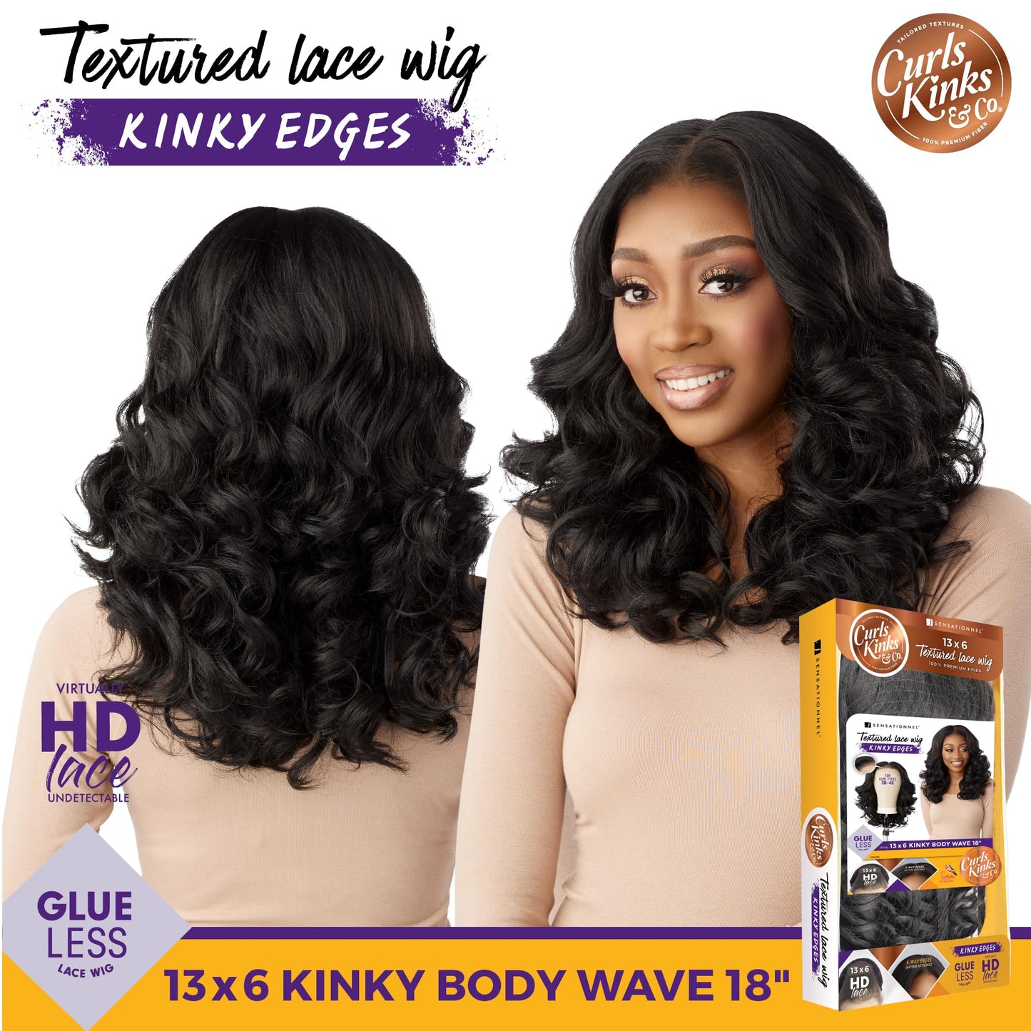 Sensationnel Curls Kinks&Co Synthetic Textured Lace Front Wig - 13X6 Kinky Body Wave 18" (Color:1B OFF BLACK)