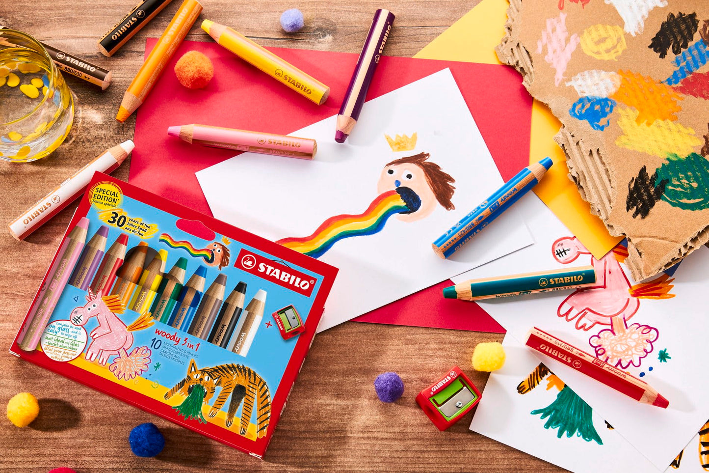 STABILO Multi-Talented Pencil woody 3 in 1 - Pack of 10 - Birthday Edition - Assorted Colours with Sharpener