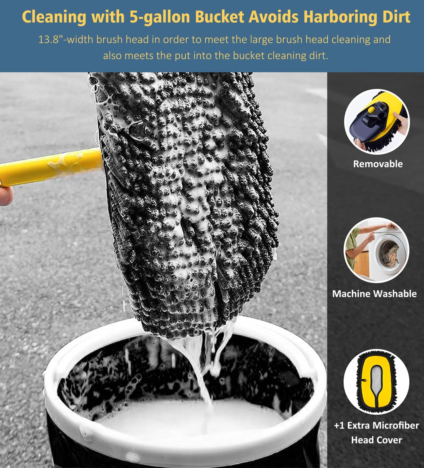 YeewayVeh 140cm 55" Car Wash Brush Mop with Long Handle, 15° Curved Car Wash Cleaning Kit Extendable Microfiber Sponge with Storage Bag for Truck RV Camper Cleaning (2 x Mop Head Cover)