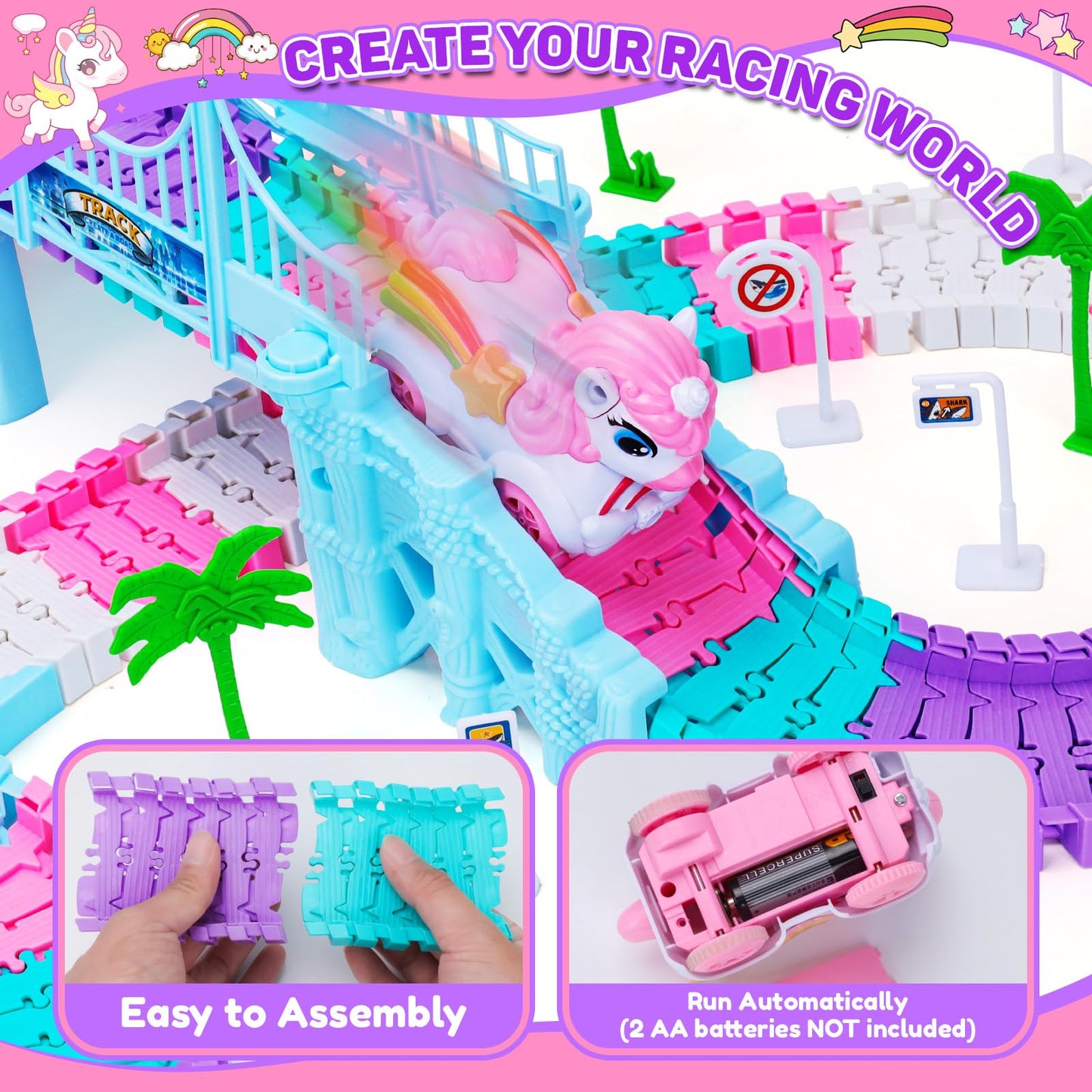 Race Track Toys for 3 4 5 Year Old Girls: Shark & Unicorn Gifts for Girls Kids Toys Age 4 5 6, Flexible Car Tracks Train Set Toddler Toy for 3 4 5 6 Year Old Girl Gifts Birthday Cadeau (194PCS)