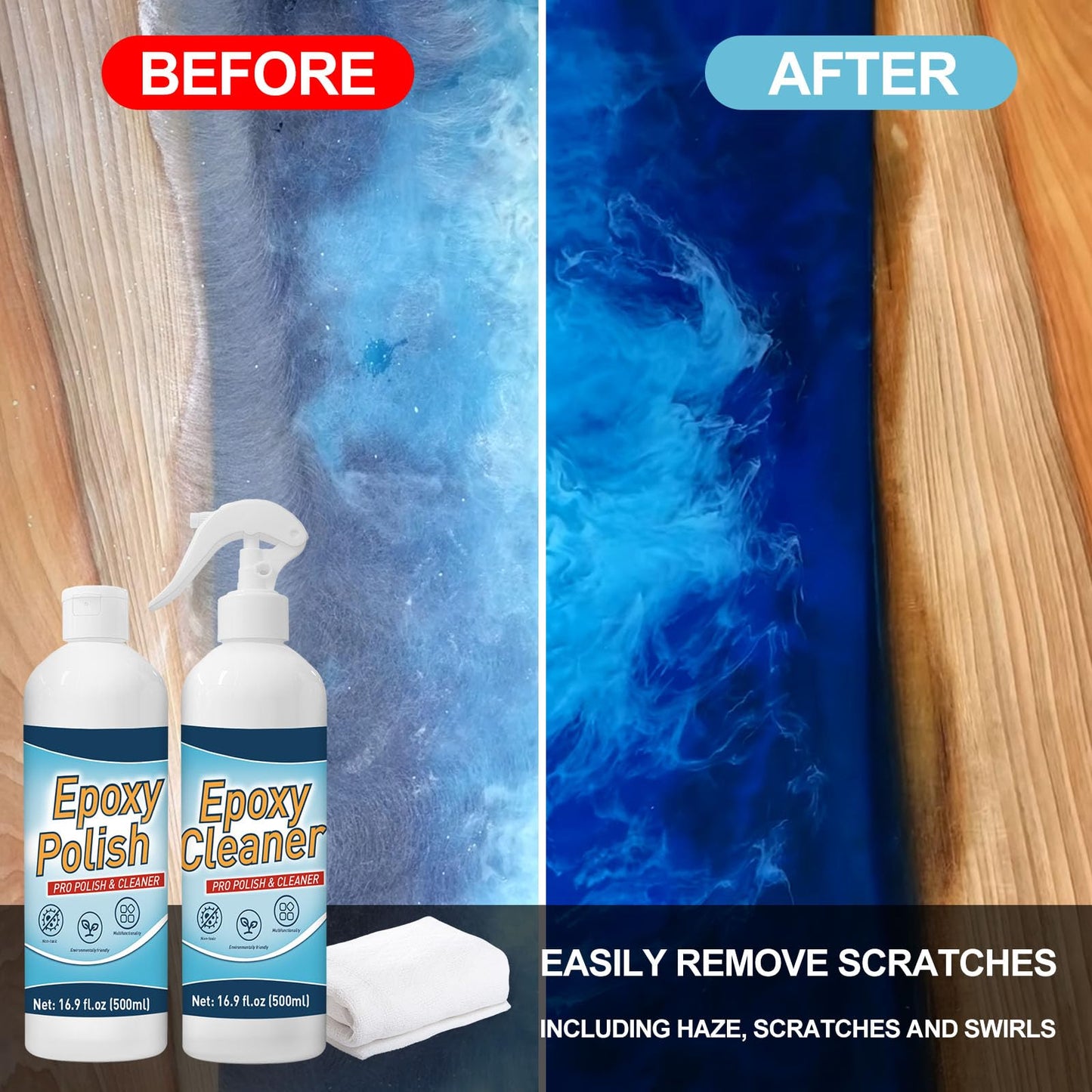 DINGSEN Resin Polishing Kit - 33.8 oz (16.9oz Pro Polish & 16.9oz Epoxy Cleaner Kit), Specially Formulated for Epoxy Resin, Removes Scratches & Scuffs - Perfect for DIYers, Home Decor