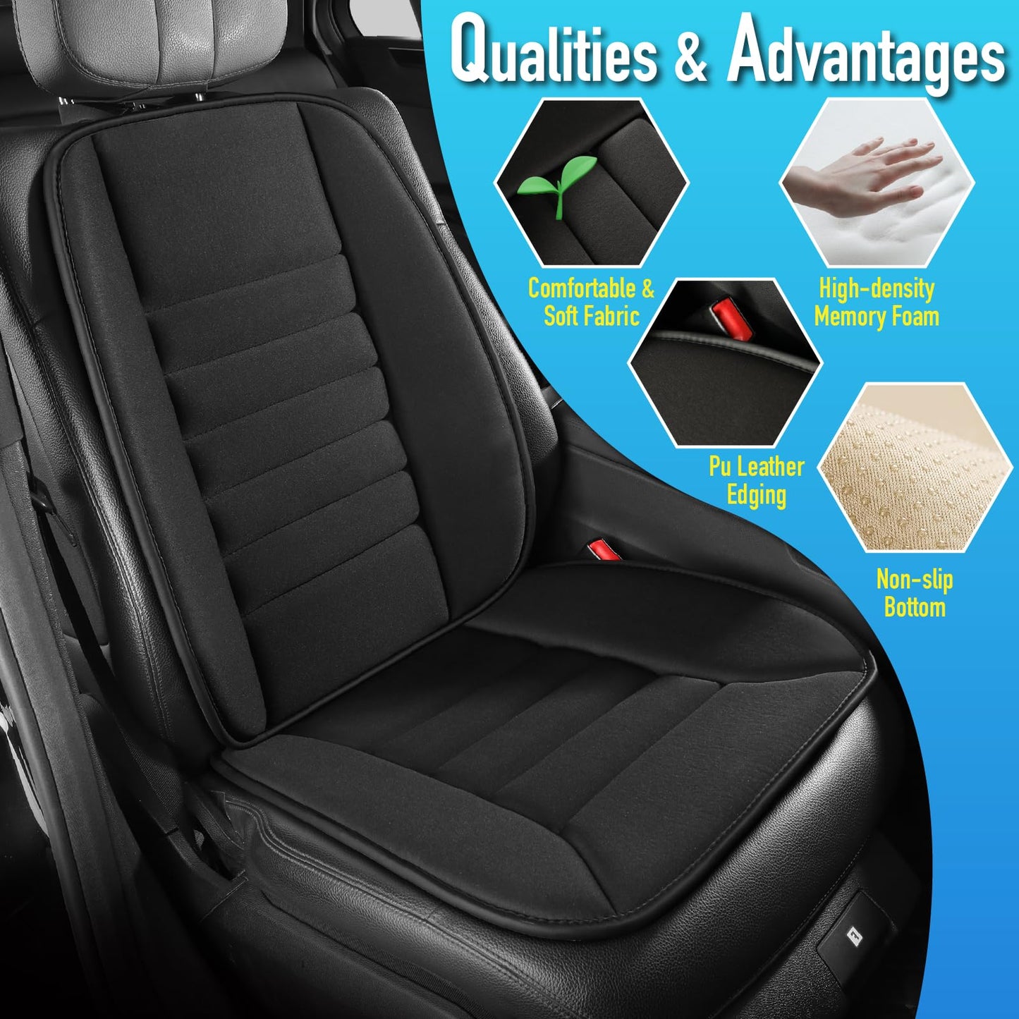 Car Seat Cushion with Lumbar Support Pillow: Front Back Cushion & Seat Cushion Full Set, Comfy Memory Foam Driving Cushion for Back-Sciatica Pain Relief, Seat Pad Suitable for Car, Truck, SUV - Black