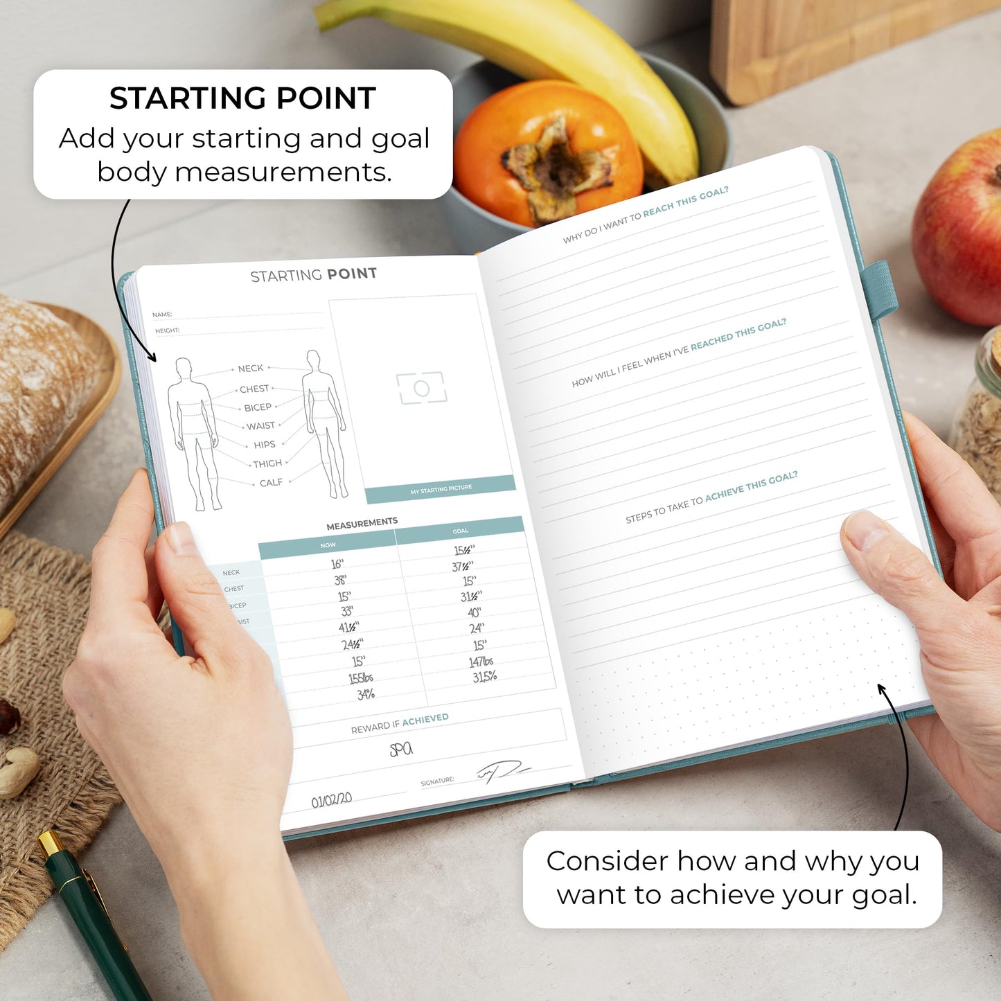 Clever Fox Food Journal - Daily Food Diary, Meal Planner to Track Calorie and Nutrient Intake, Stick to a Healthy Diet & Achieve Weight Loss Goals - Aquamarine