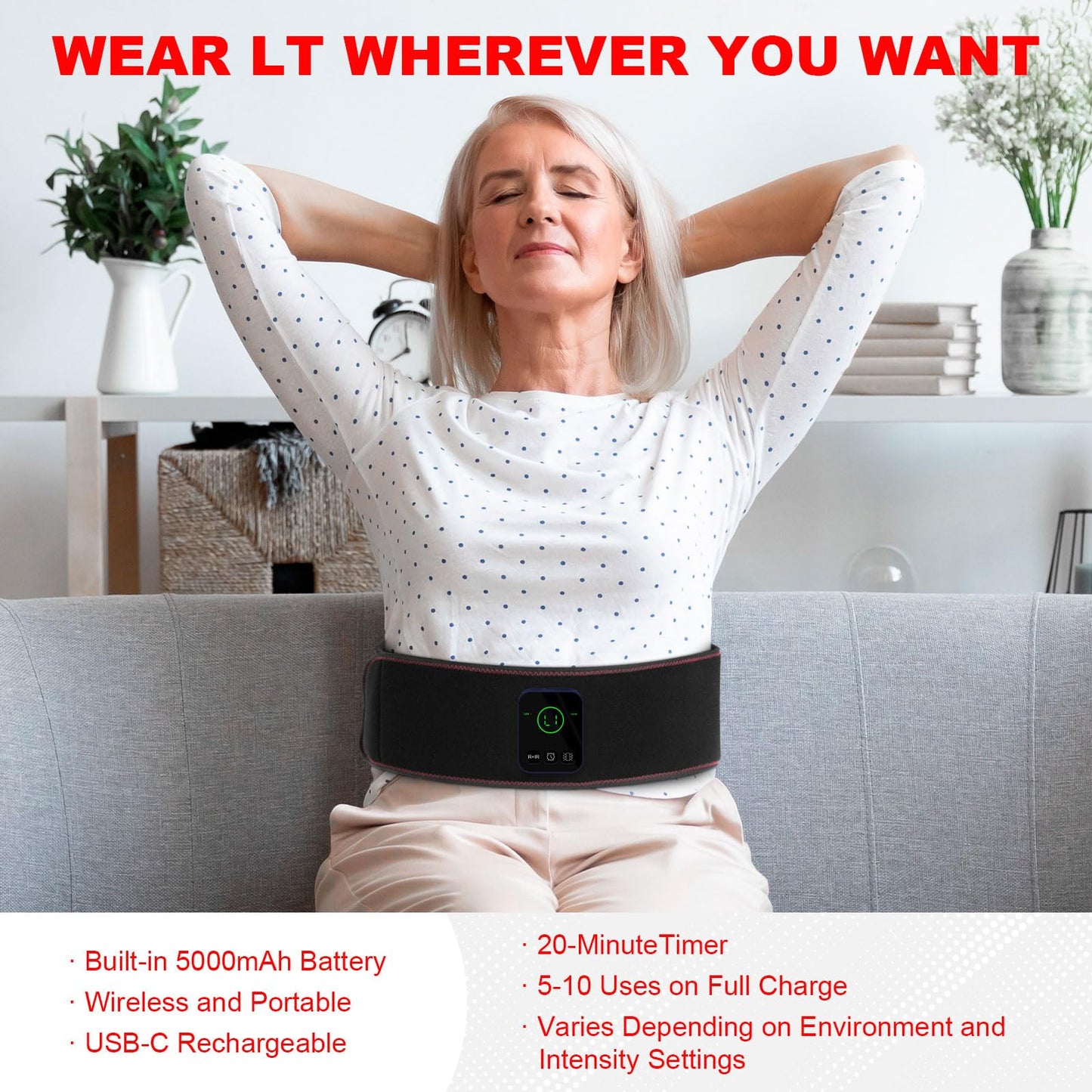 Cordless Red Light Belt, Portable Near-Infrared LED Light Waist Belt, Adjustable Wrap, Wearable Pad with Timing, 3 Vibration Modes, 5000 mAhfor Back Knee Hands Feet (Black G)