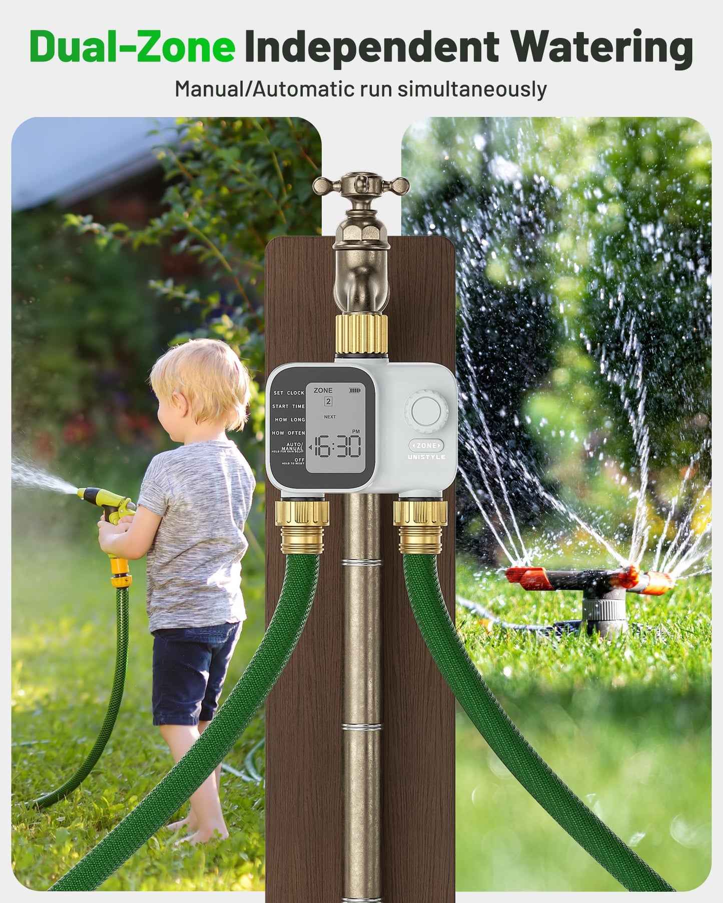 2027 New Upgrade Sprinkler Timer 2 Zone with Brass Inlet, Unistyle Water Timer for Garden Hose with Rain Delay and Manual Water/Automatic Irrigation, Hose Timers for Yard and Lawn Patio