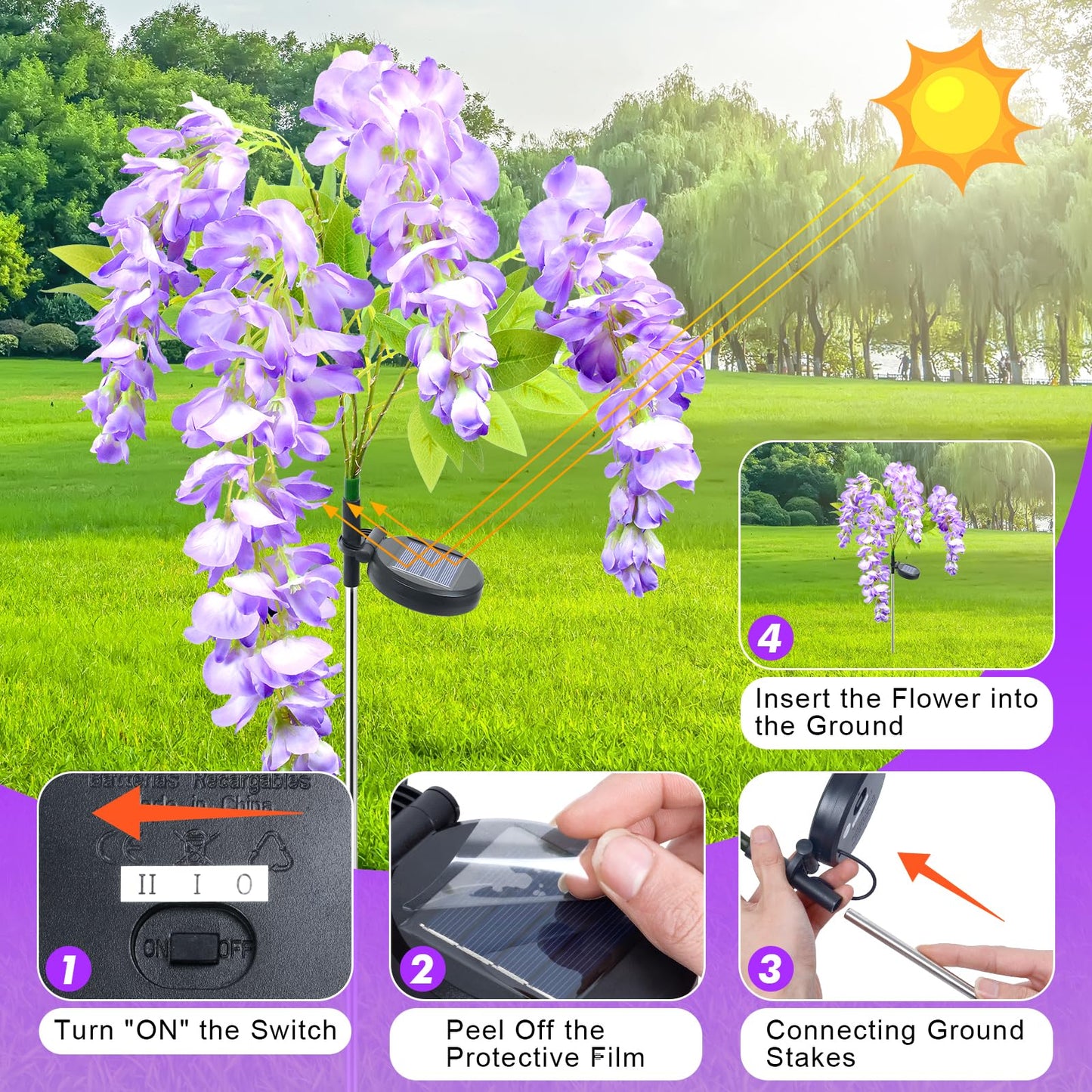 Ninonly Solar Garden Lights Outdoor, 2 Pack Solar Pathway Lights, 2 Lighting Modes Solar Wisteria Flowers Lights Outdoor Waterproof for Landscape Courtyard Lawn Decor