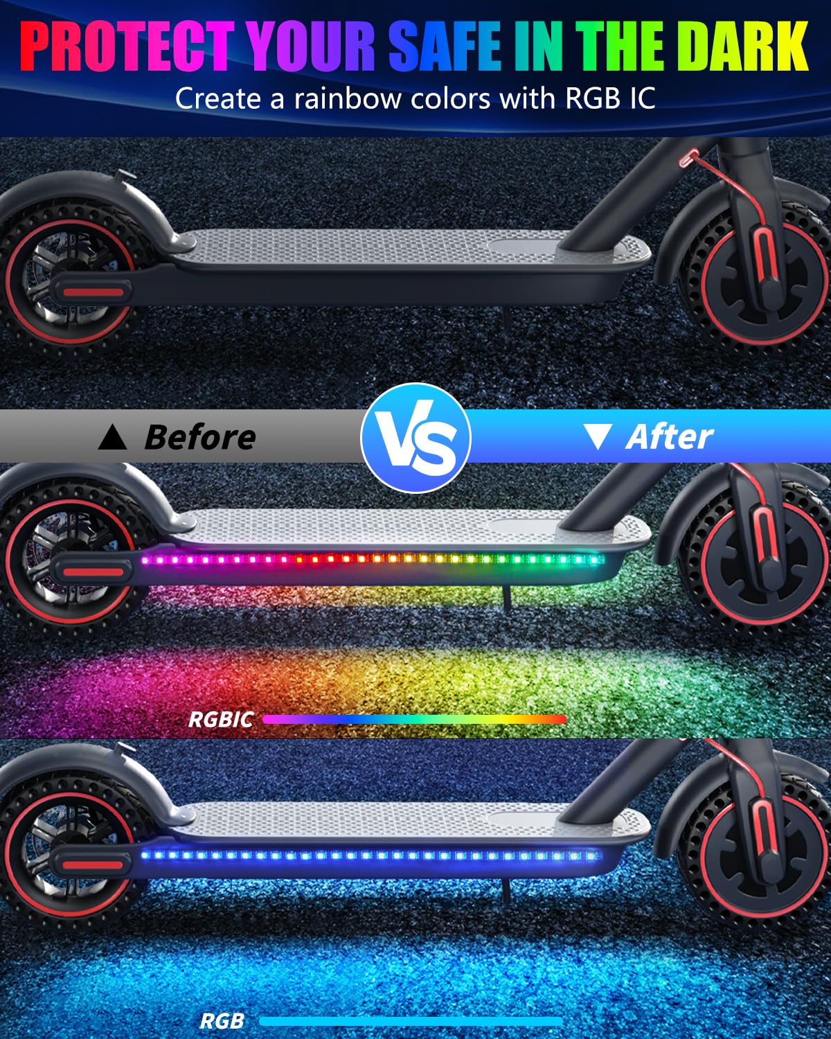 Keiurot Scooter LED Strip Light, Led Lights for Scooter Night Riding Skateboard Scooter Lights APP Control Flowing Color Waterproof Electric Scooter Accessories 2 in 1