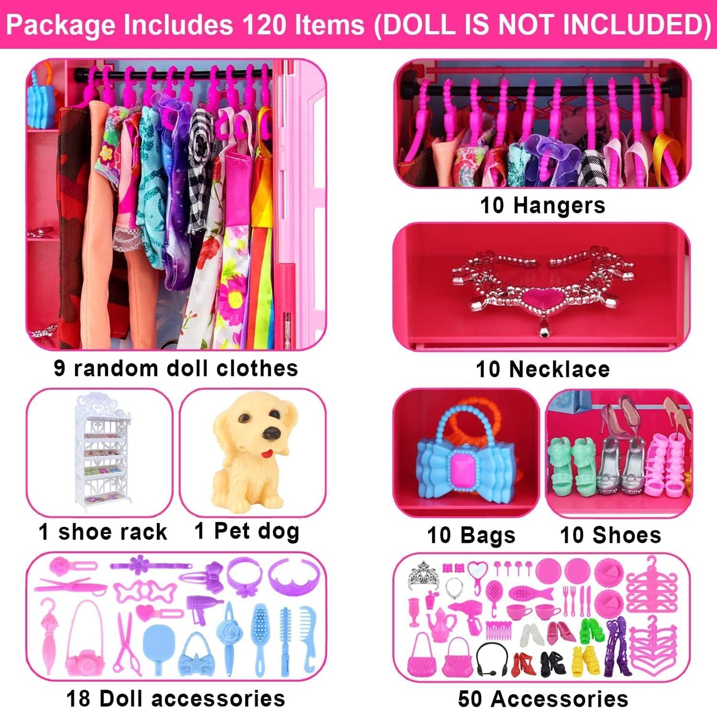 ZITA ELEMENT 120 Pcs Fashion Doll Closet Wardrobe for Clothes and Accessories Storage Include Clothes, Dresses, Shoes, Shoes Rack, Bags, Necklace, Hangers for 11.5 Inch Girl Doll Clothes
