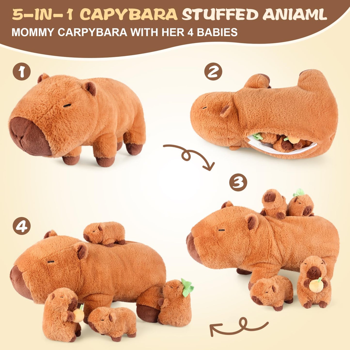 SuzziPals 5-in-1 Capybara Plush Toys with Baby Plushies, 5pcs Set Stuffed Animal Surprise Inside, Soft & Squishy Pillow Plushies Decor, Cuddly Capybara Gifts for Kids & Adults