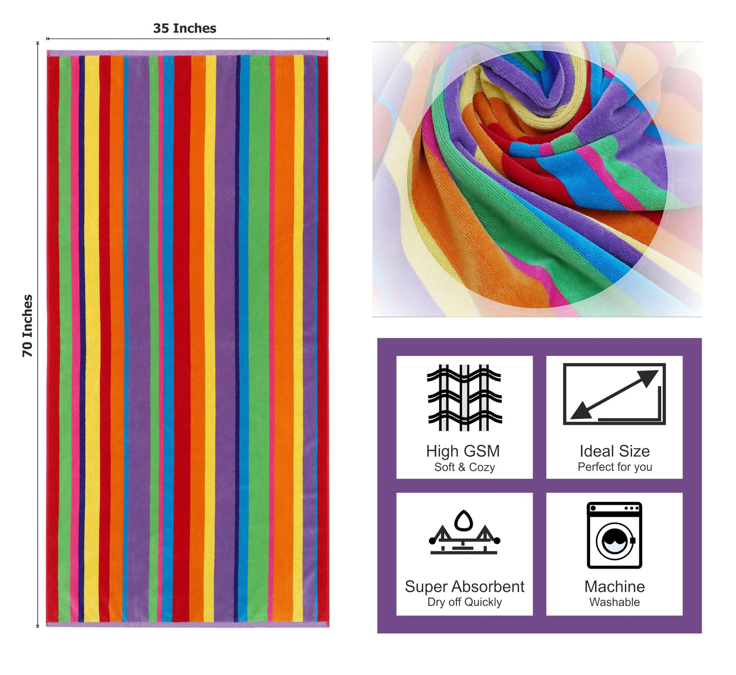 COTTON CRAFT Oversized Beach Towel - 2 Pack 35x70 XL Summer of Siam Towel Set - 100% Cotton Pool Bath Towel - Terry Jacquard Velour 450 GSM Plush Super Soft Absorbent Luxury - Multi Color Stripe