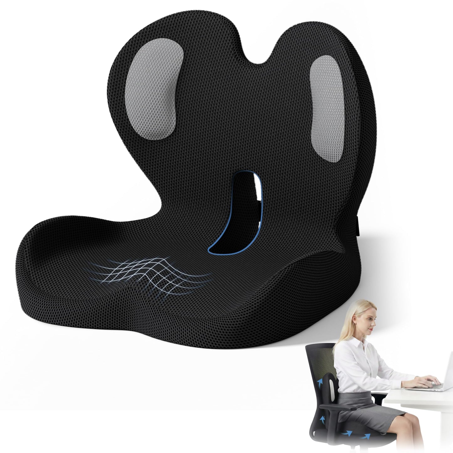 Ergonomic Seat Cushion,Memory Foam Cushion for Office Chair,Non Slip Car Seat Cushion,Designed for Long Sitting,Tailbone,Back Pain Relief,for Office,Home,Car Drivers,Desk Chair