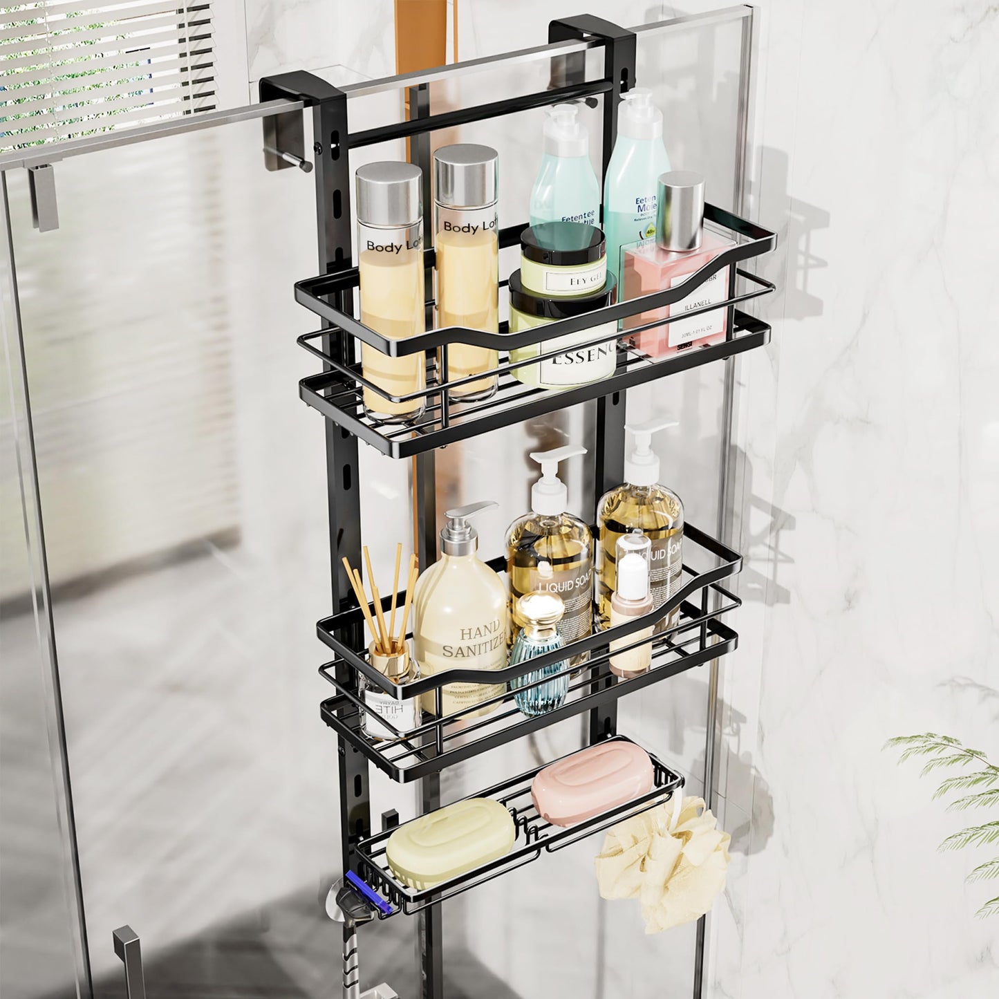 SWTYMIKI Over the Door Shower Caddy - 3 Tier Adjustable Shower Caddy Hanging with Soap Holder, No Drilling Stainless Steel Shower Organizer Hanging for Body Wash, Shampoo, Soap, Razor