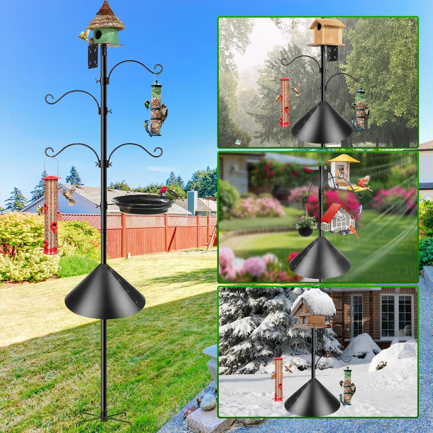 92 Inch Bird Feeder Pole Smart Bird Feeder Station Pole Heavy Duty with Squirrel Baffle for Outdoor Hanging Wild Birds Feeding Station for Backyard Garden Decoration (Black)