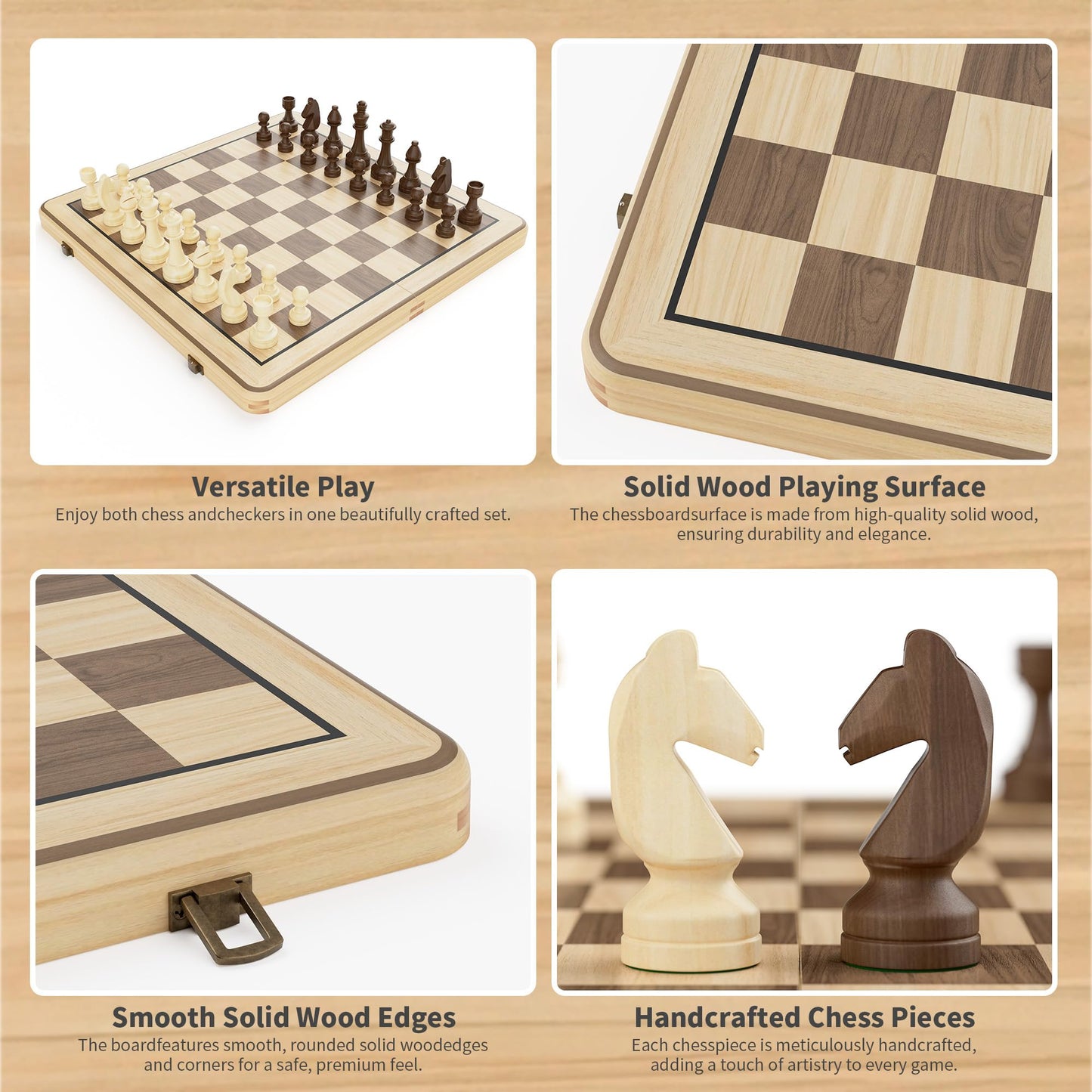 15" Wooden Folding Chess & Checkers Set - 2 in 1 Board Game with 3" King Staunton Pieces and 2 Extra Queens