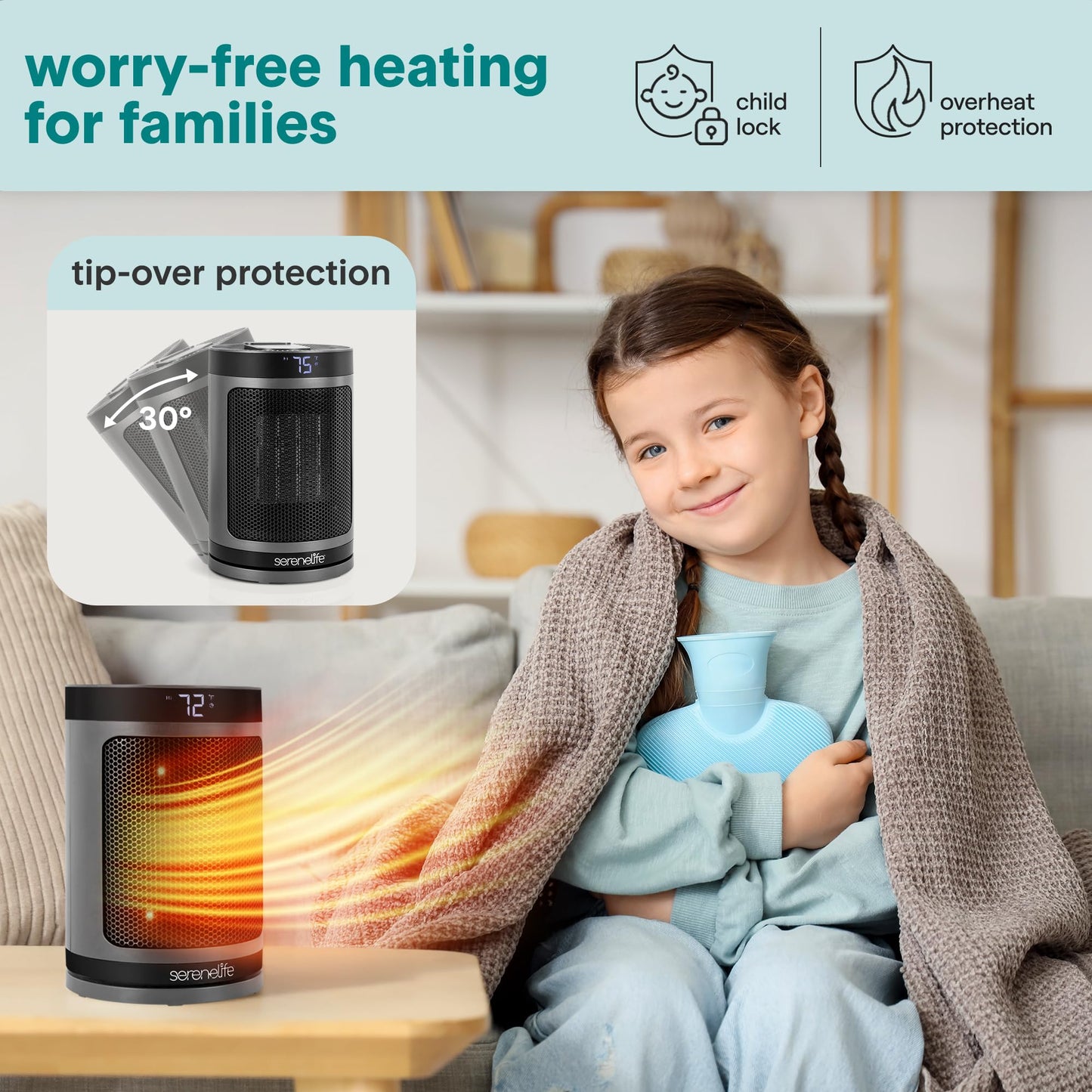 SereneLife Portable Space Heater – 1500W Indoor Electric Heater with Thermostat, Remote Control, 12-Hour Timer, Wi-Fi Enabled PTC Ceramic Heating for Home and Office, Gray (5.9" x 5.9" x 9.5")