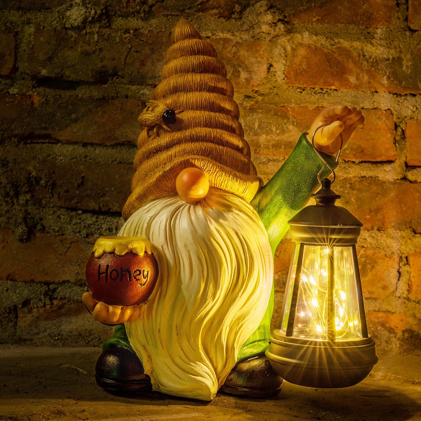 WONDHOME 12.3''Solar Garden Gnome Outdoor Decor Honey Bee jar Gnome Statue with LED Lantern Spring Patio Yard Art Decoration Mother's Day Christmas Gardening Gifts for Women Mom