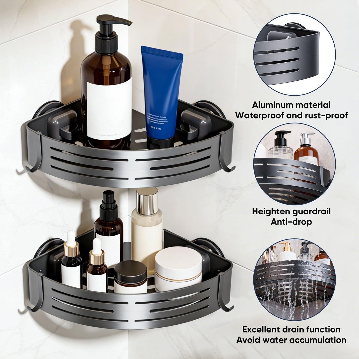 Veinvifiy 2 Tiers Corner Shower Caddy with Suction Cup 2 Pack Aluminum Upgraded Shower Organizer Removable Bathroom Storage Rack Kitchen Wall Mounted Grey