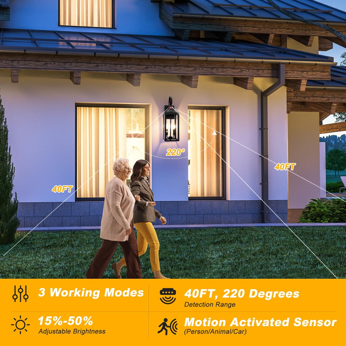 20" Black Motion Sensor Outdoor Light, Large Dusk to Dawn Outdoor Lighting Fixture, Farmhouse Wall Mounted Porch Lamp, Waterproof Sconce Light for Outside Patio, 3 Modes/2-Light/1-Pack