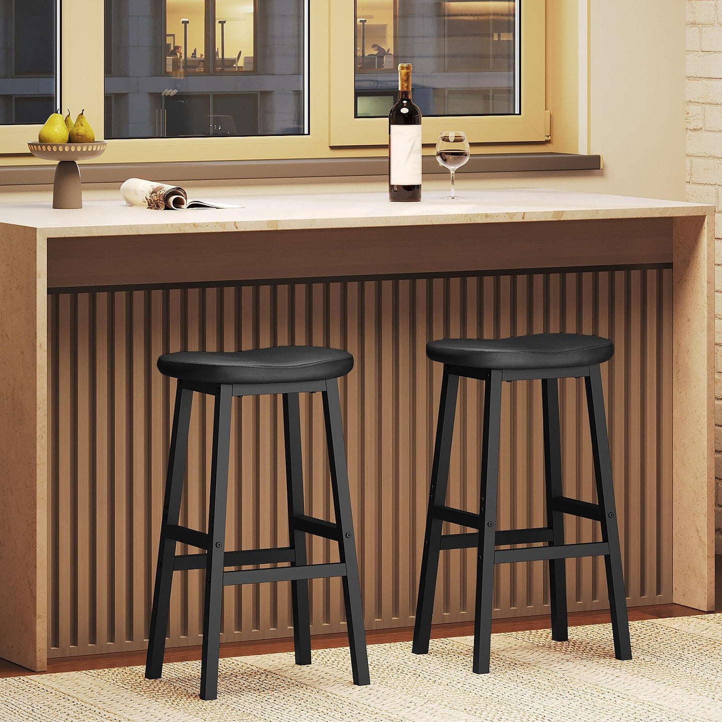 YATINEY Bar Stools Set of 2, Bar Chairs, Saddle Stools with Curved Surface, Counter Height Kitchen Stools with Footrests, for Dining Room, Island, Living Room, Pub, Black BY04L2BB