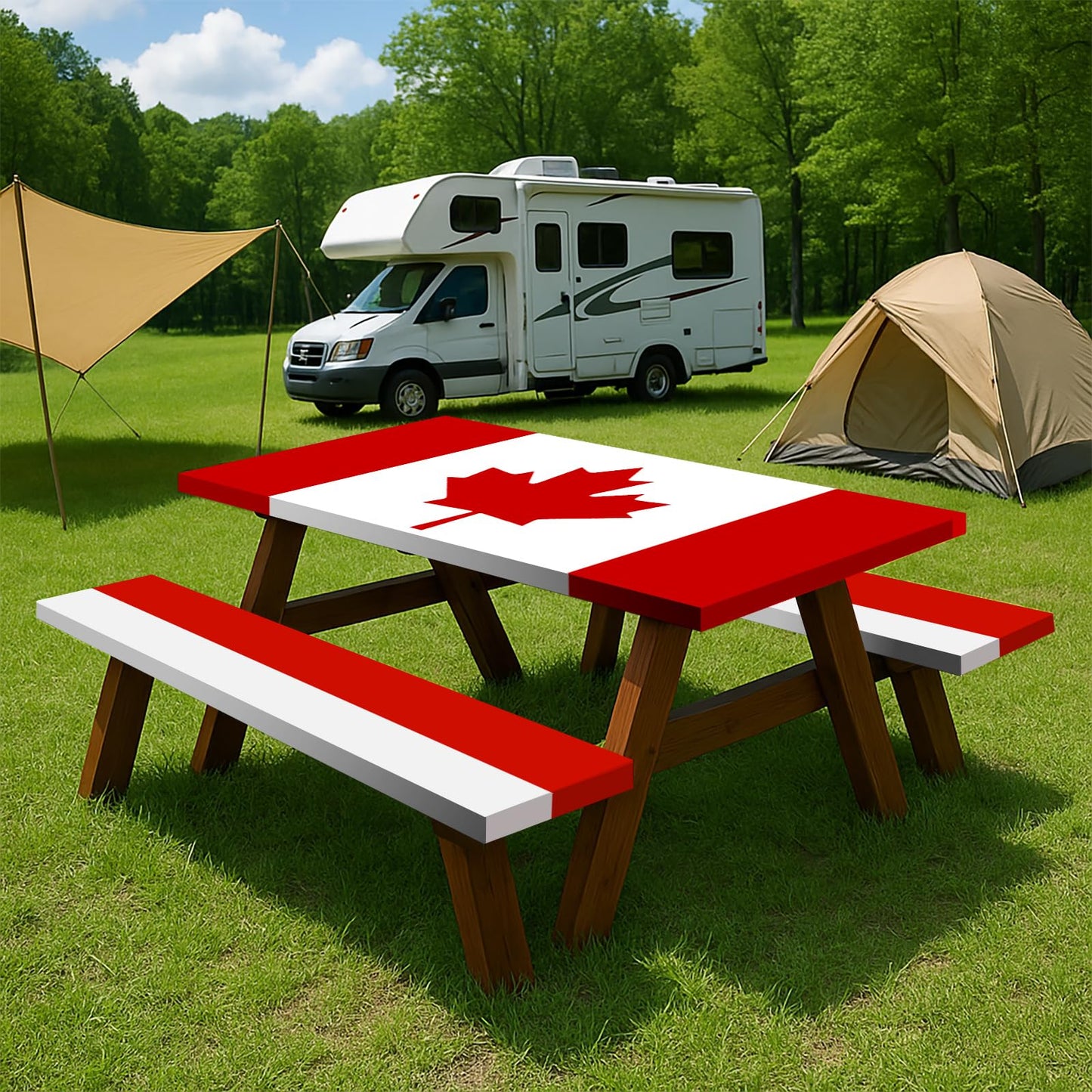6FT Canada Flag Picnic Table Cover with Bench Covers Set Canadian Flags Waterproof Windproof Camping Rectangle Tablecloths with Elastic Fitted Picnic Table Cover for Canada Day Outdoor Decor