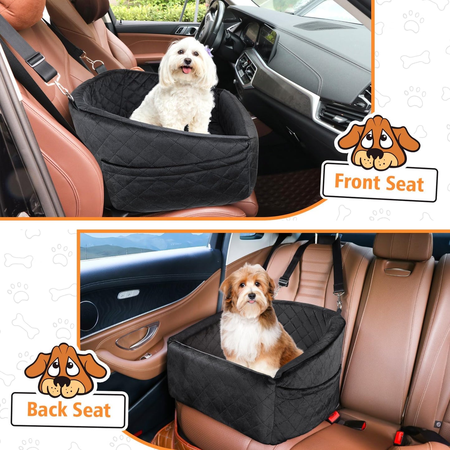Dog Car Seat for Small Medium Dogs,Detachable Washable Dog Booster Seat Under 35lbs, Pet Car Seat Travel Bed with Storage Pockets and Dog Safety Belt (Black)