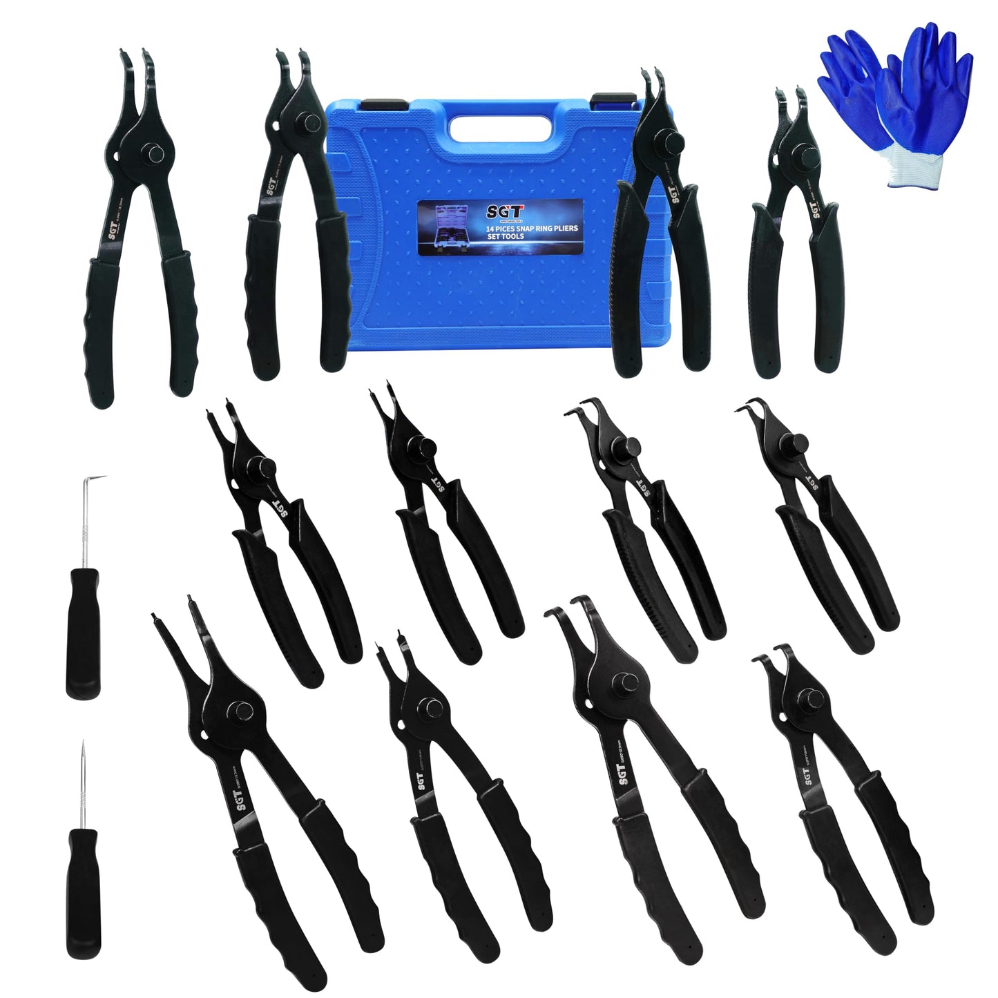 SGT 14pc Snap Ring Pliers Set, Heavy Duty Snap Ring Pliers,Internal & External Circlip Pliers with 45°/90° Bent & Straight Pliers, Hook & Pick,Storage Case & Gloves