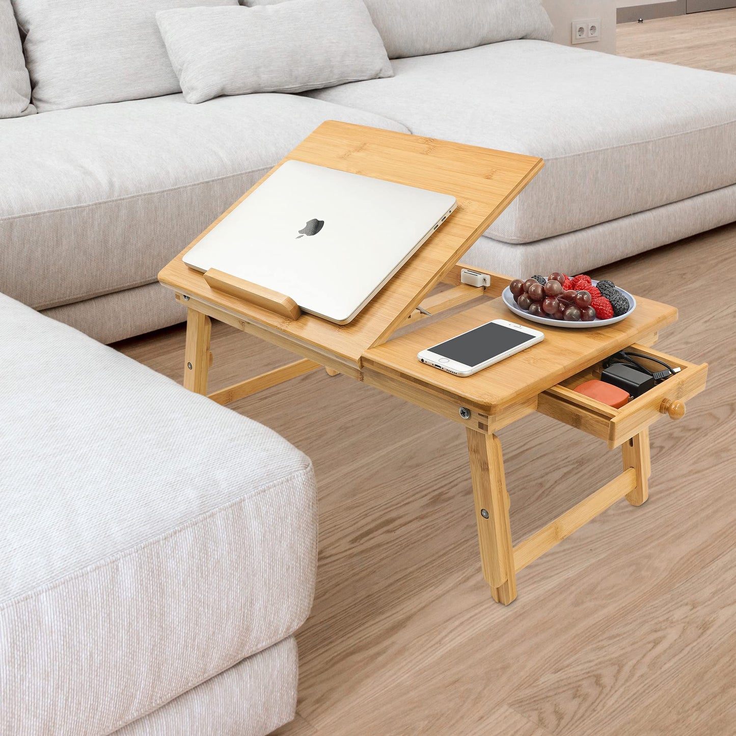 Utoplike Bamboo Laptop Desk for Bed, Tilting Top Bed Serving Tray, Breakfast Table Ajustable Height, Fodable Legs, Storage Drawer, Lap Stand for Reading, Writing, Eating