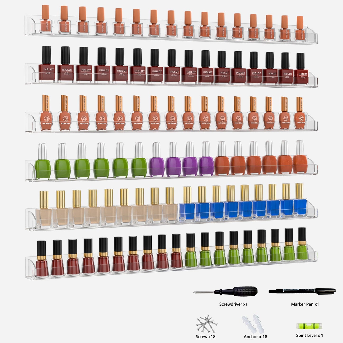 Hexsonhoma 30 Inch Clear Nail Polish Wall Rack with Removable End Caps Set of 6, Acrylic Wall Shelf Bookshelf, Fall-Proof Nail Polish Sorage Shelves for 180 Bottles