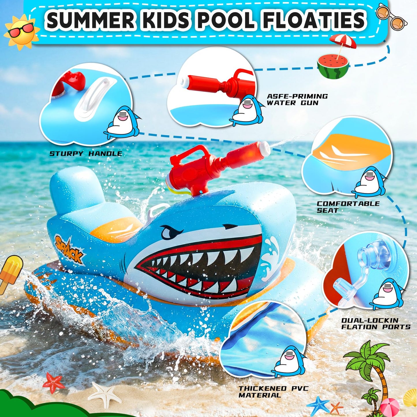 WINGYZ Pool Floaties for Kids with Water Gun, 2026 New Inflatable Swimming Pool Rafts Toys Boat, Shark Shaped Ride-on Pool Floats for Kids Aged 3-12,Use for Summer Pool Beach Water Toys Games Party
