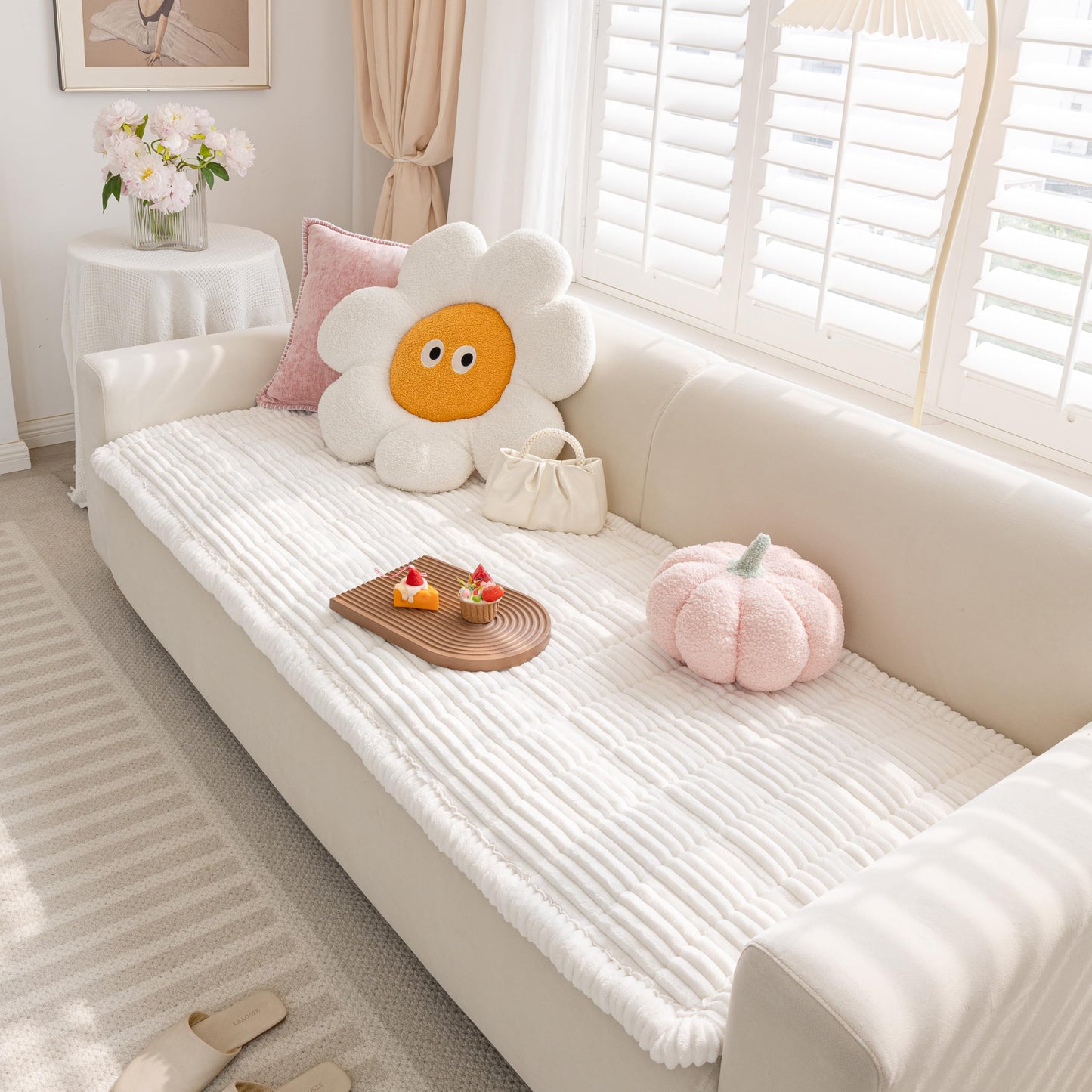 Cshionary Couch Cover for Dogs, Washable Dog Couch Cover for 3-Cushion Sofa - Soft Plush Pet-Friendly Furniture Protector with Non-Slip Backing (White, 150x70cm)