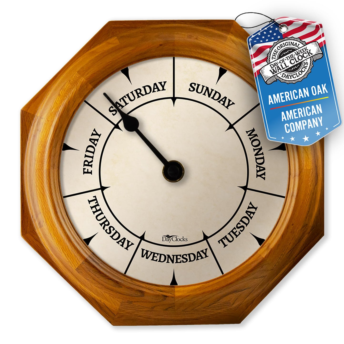 DayClocks Classic Day of The Week Wall Clock with Solid Wood Frame – Calendar Day Clock – Ideal Retirement Gift for Men & Women – Oak, 10"