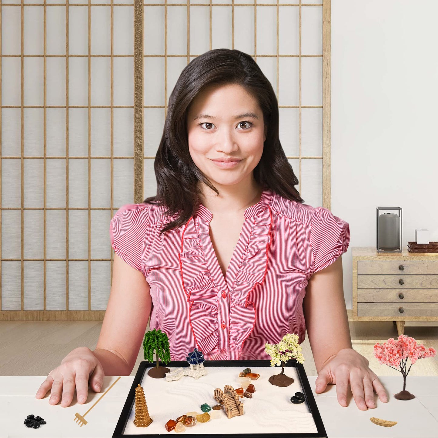 10" x 7" Upgraded Zen Garden for Desk with 18 Accessories Sand Garden Decoration Included Sand Tray,Zen Garden Rake,Trees,Pagoda,Bridge,Pavilion,Boat Zen Gifts Women