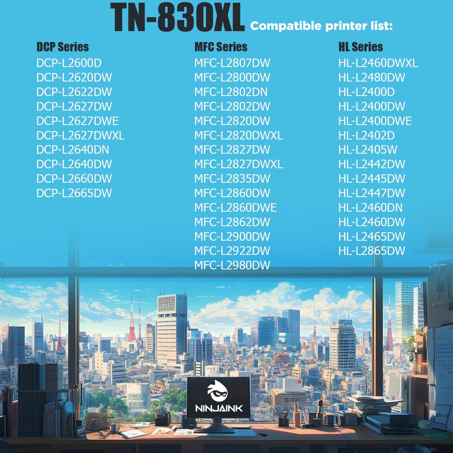 NINJA INK Compatible Replacement for Brother TN830XL Toner Cartridge TN-830XL tn830 Black Toner - DCP-L2640DW HL-L2405W HL-L2460DW L2460DWXL MFC-L2807DW MFC-L2820DW MFC-L2820DWXL HL-L2480DW (2PK)
