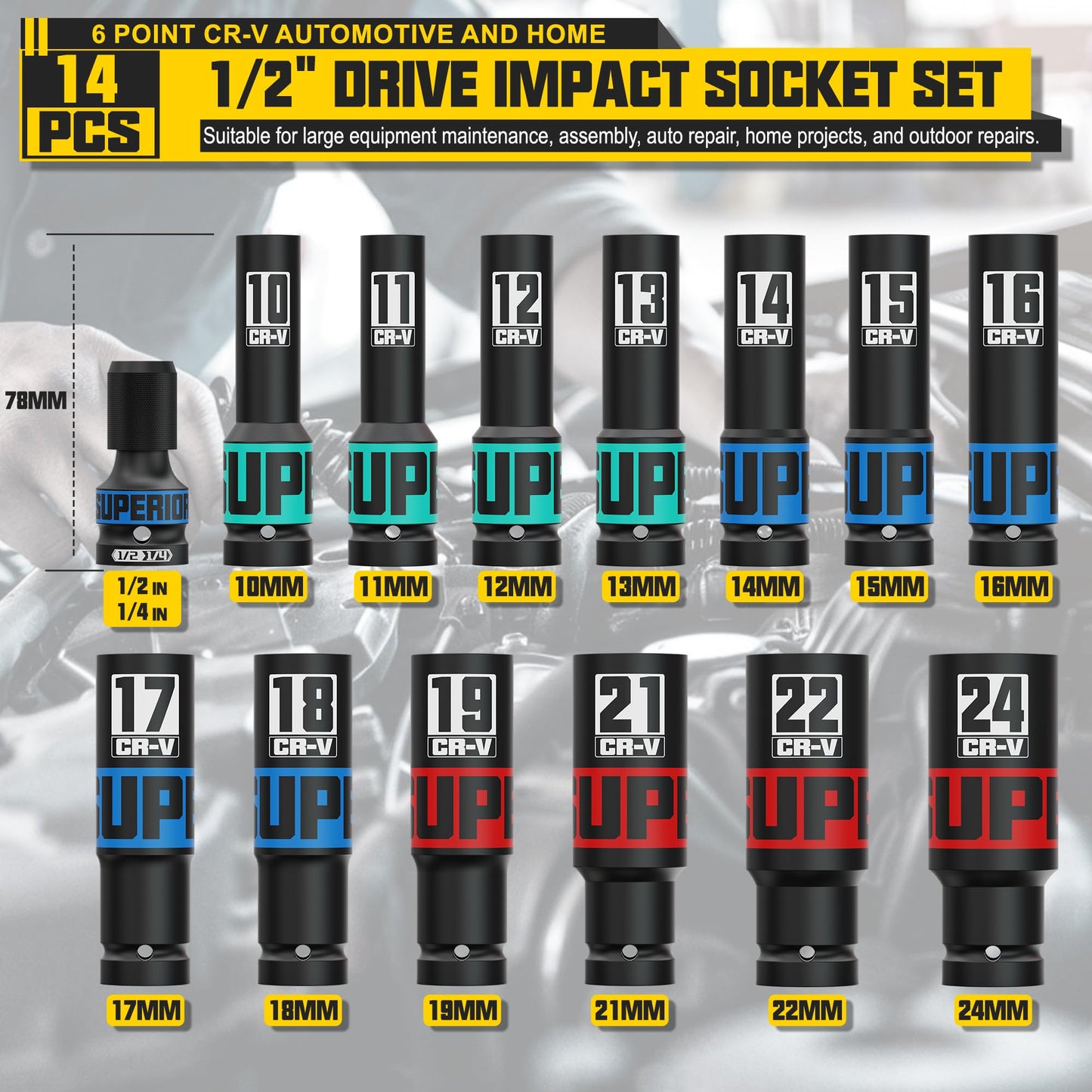 KIRXST 1/2" Drive 14-Piece Impact Socket Set, 10-24mm Thicker Deep Sockets with Heavy Duty Storage Case and 1/2 to 1/4 Impact Wrench Adapter, Socket Set for Automotive and Home, Metric, 6 Point