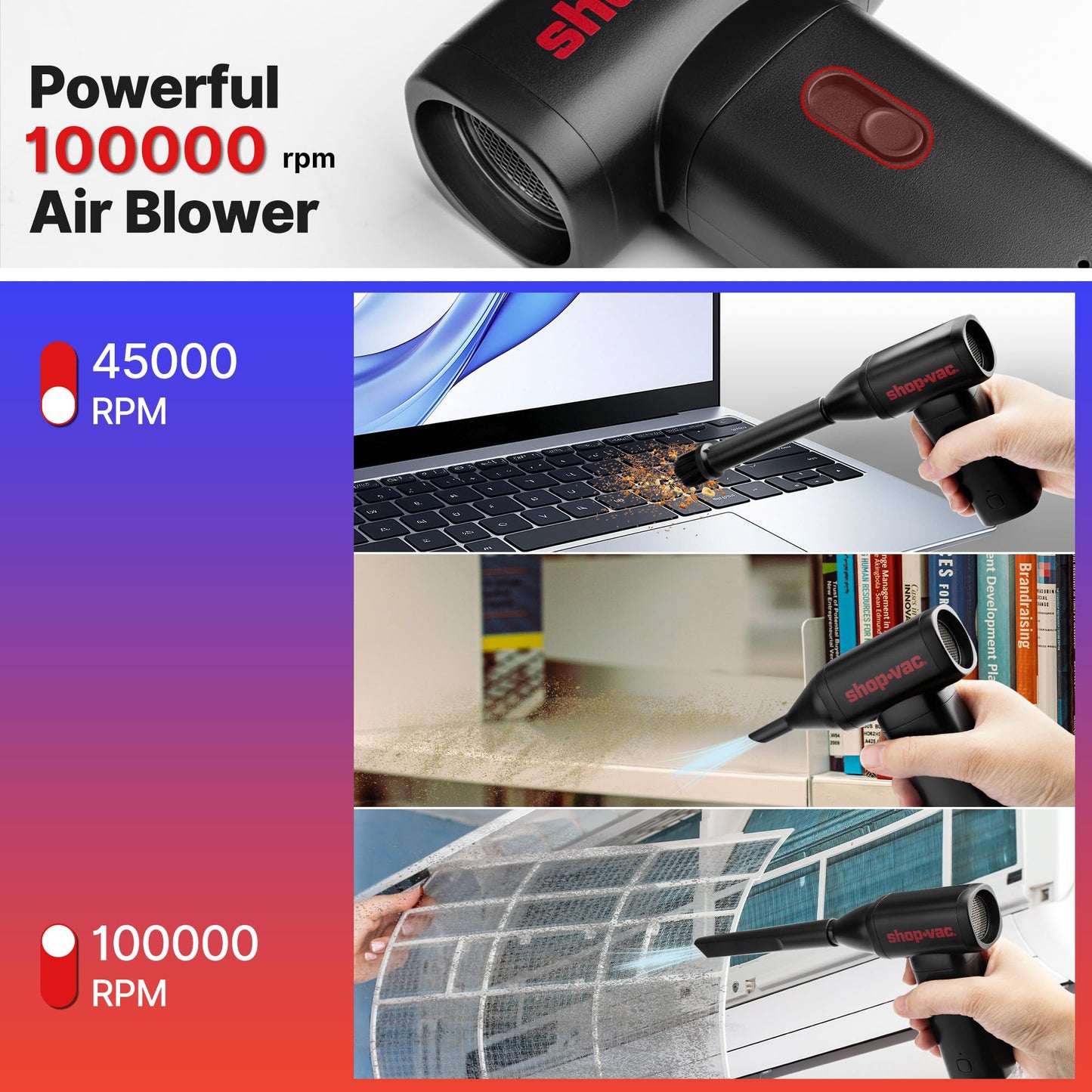 Shop-Vac Portable Electric Air Duster – Cordless Rechargeable Air Blower with Brushless Motor & USB-C, Compact Compressed Air Duster for PC, Keyboard, Camera & Car