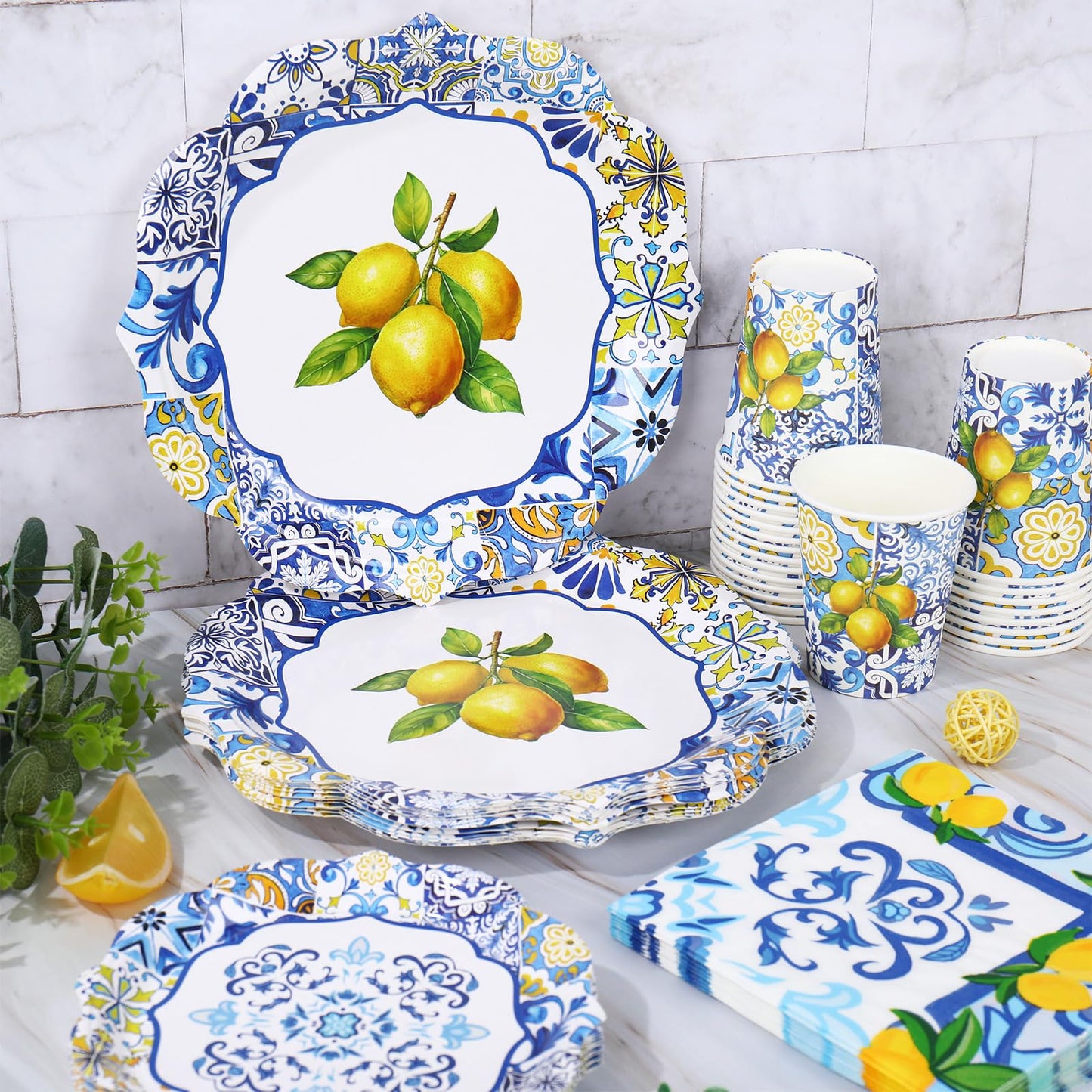 Whaline 96Pcs Capri Lemon Tableware Set Blue Tiles Yellow Lemon Disposable Dinnerware 24 10'' Plates 24 7'' Plates 24 Napkins 24 9oz Cups for Summer Birthday Party, Serves 24